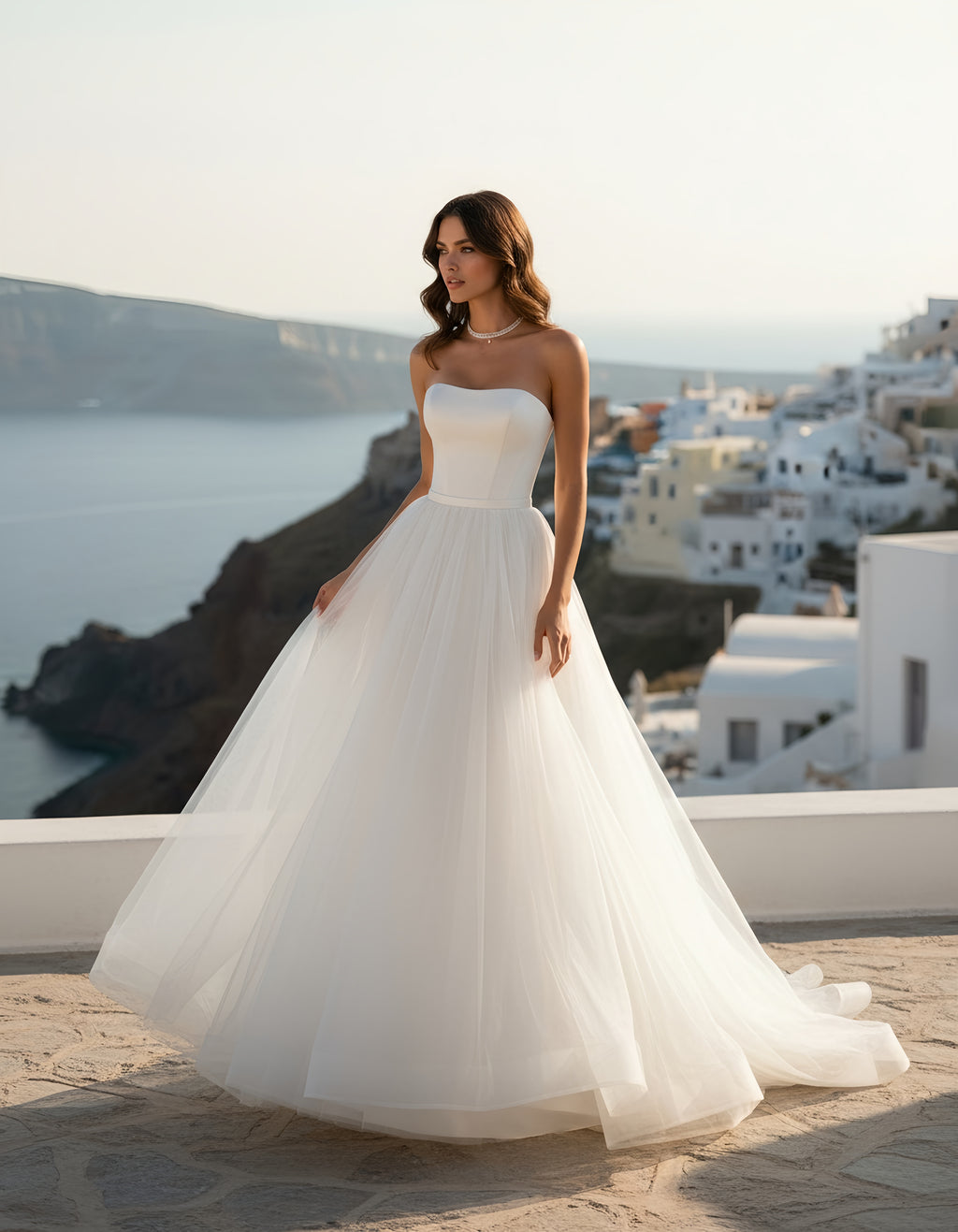 Minimalist Strapless Satin and Tulle Princess Wedding Dress