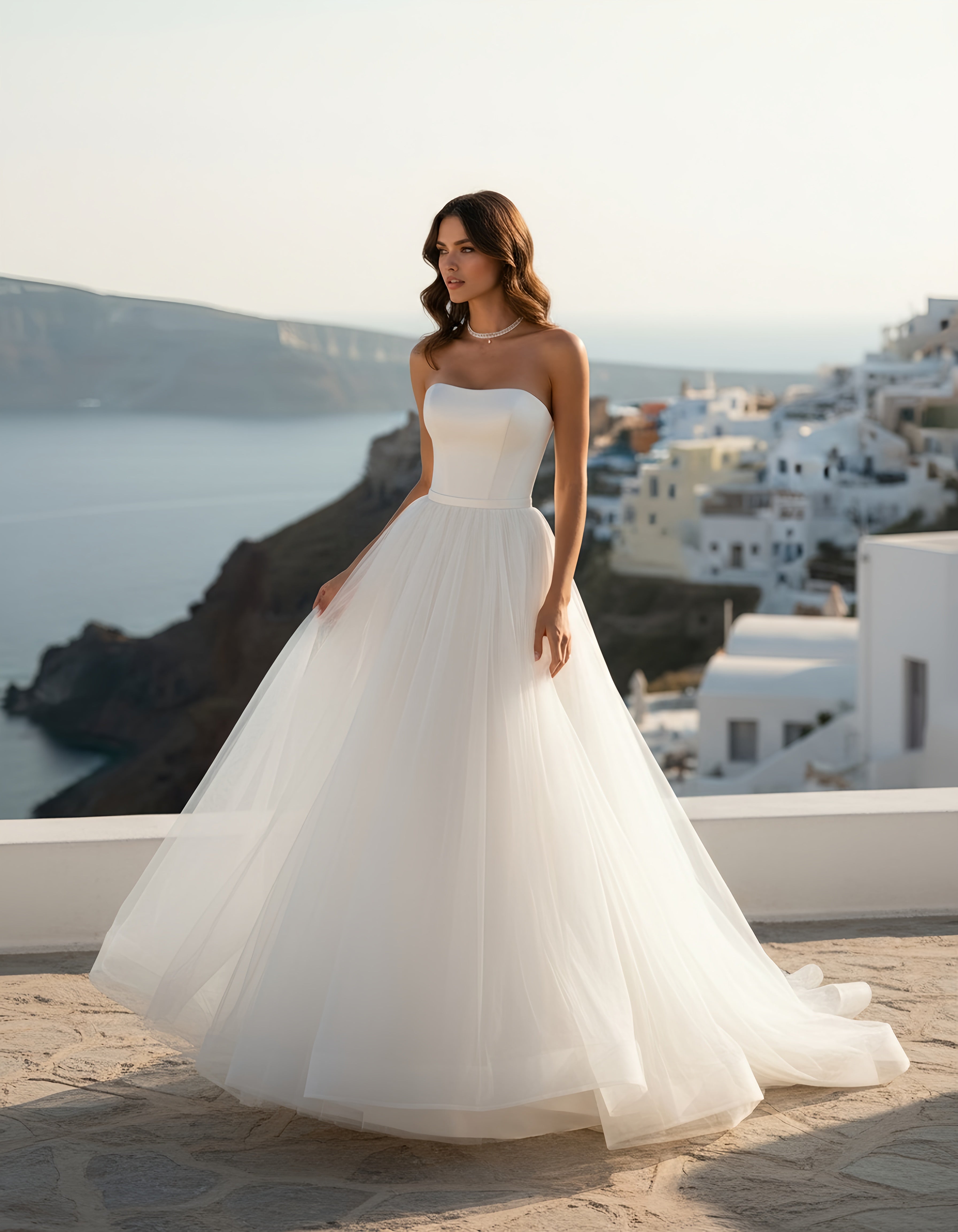 Minimalist Strapless Satin and Tulle Princess Wedding Dress