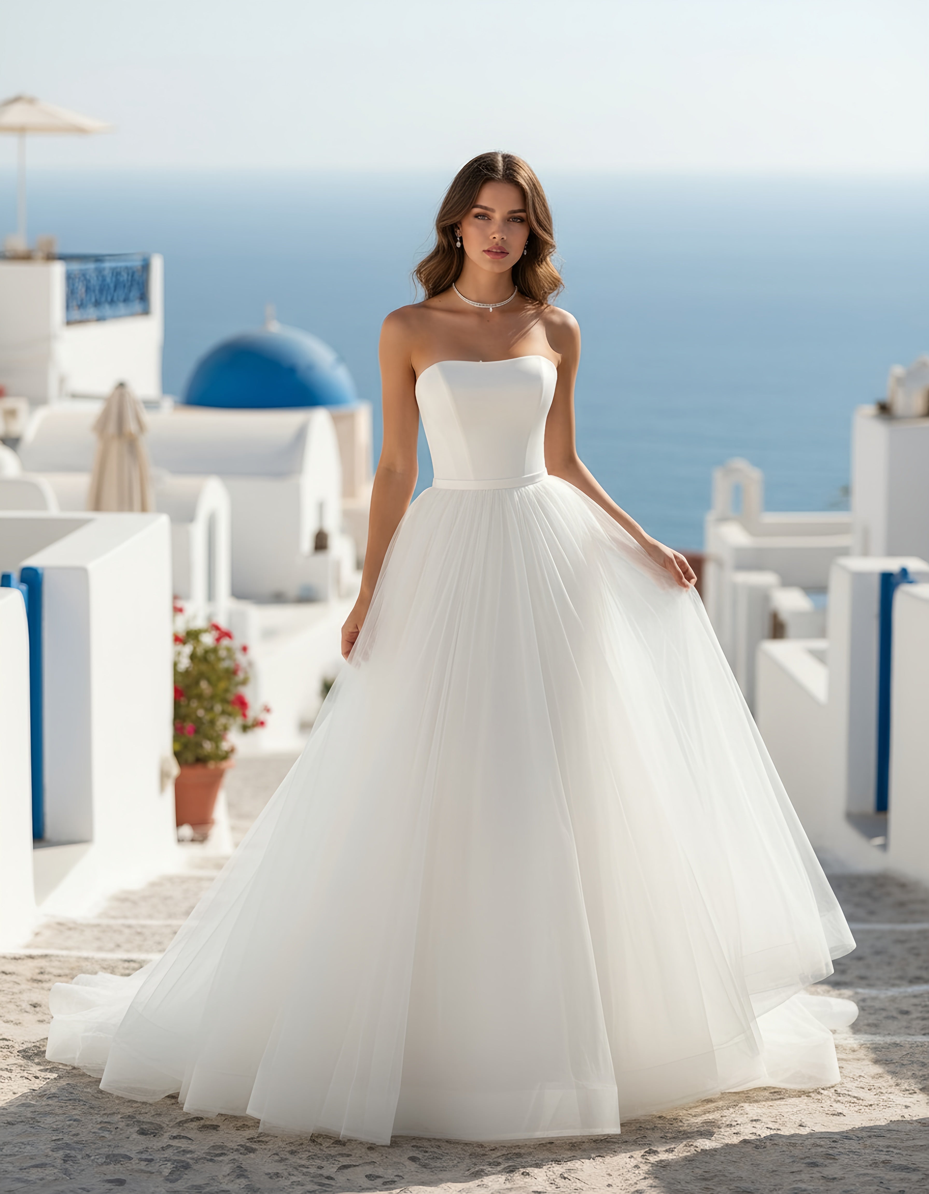 Minimalist Strapless Satin and Tulle Princess Wedding Dress