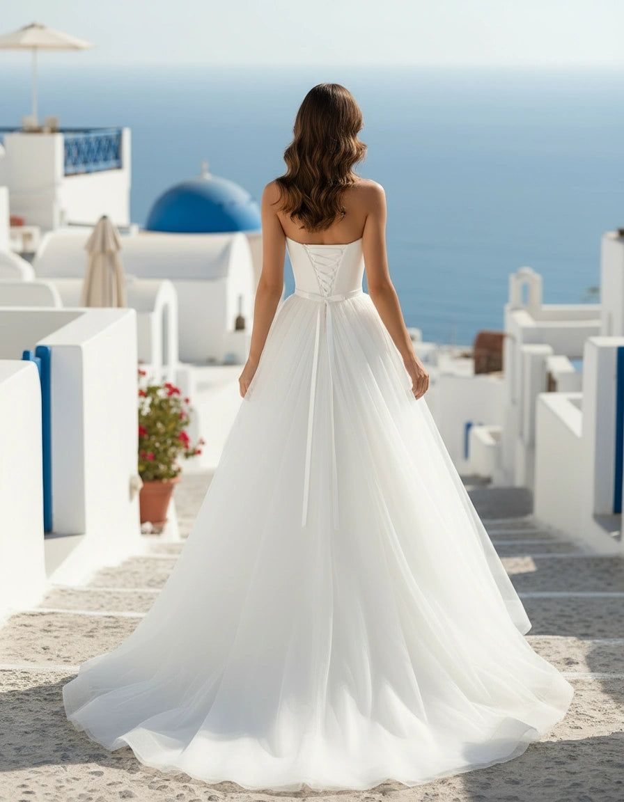 Minimalist Strapless Satin and Tulle Princess Wedding Dress