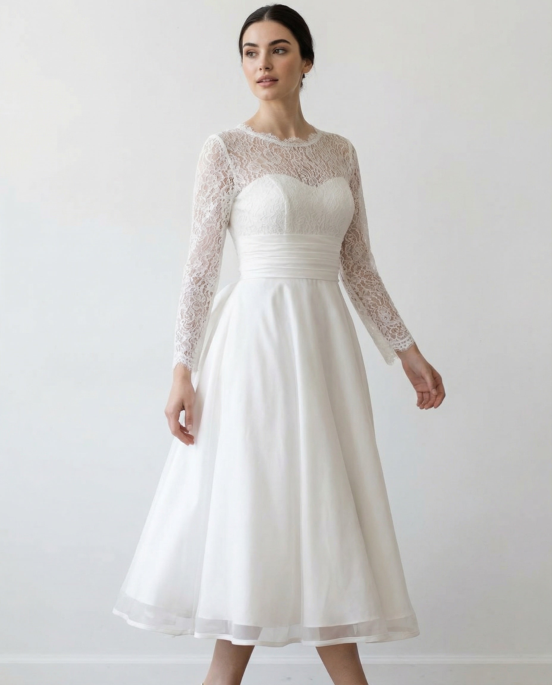 Illusion Neck Long Sleeves Lace and Organza A-line Tea Length Wedding Dress