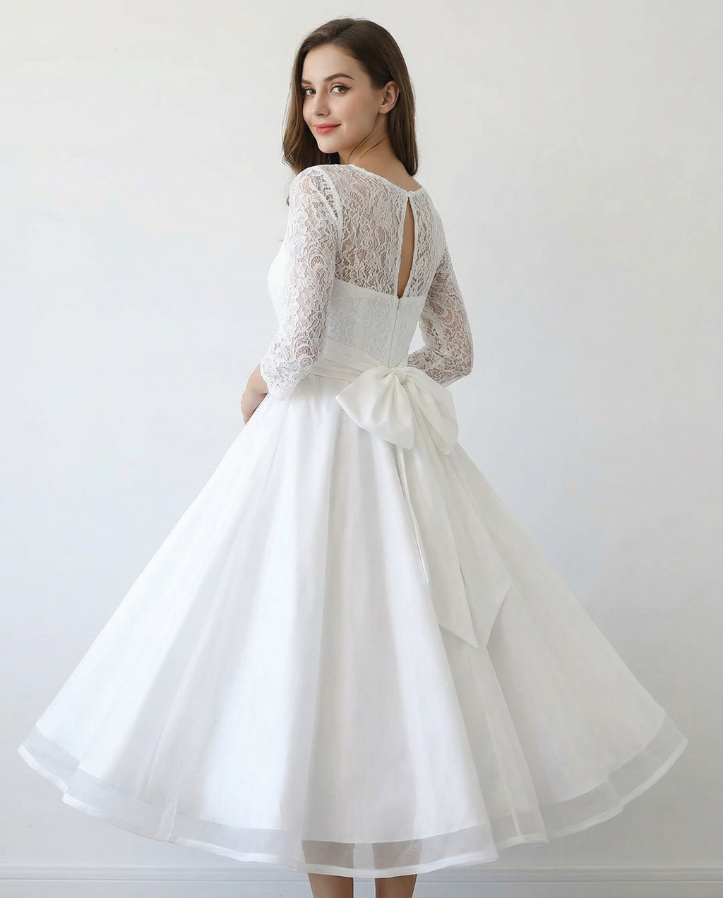 Illusion Neck Long Sleeves Lace and Organza A-line Tea Length Wedding Dress
