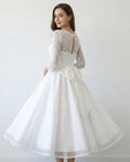 Illusion Neck Long Sleeves Lace and Organza A-line Tea Length Wedding Dress