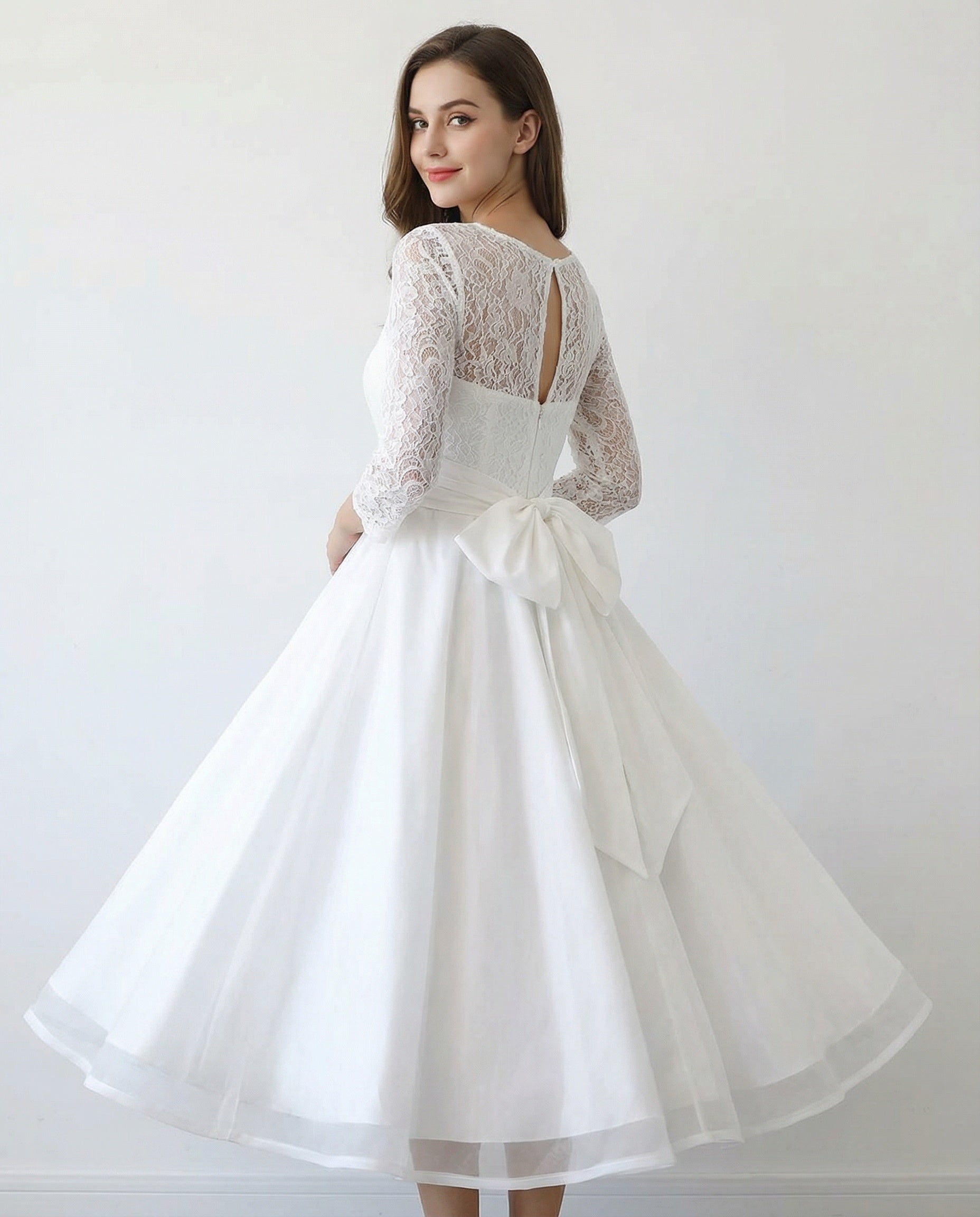 Illusion Neck Long Sleeves Lace and Organza A-line Tea Length Wedding Dress