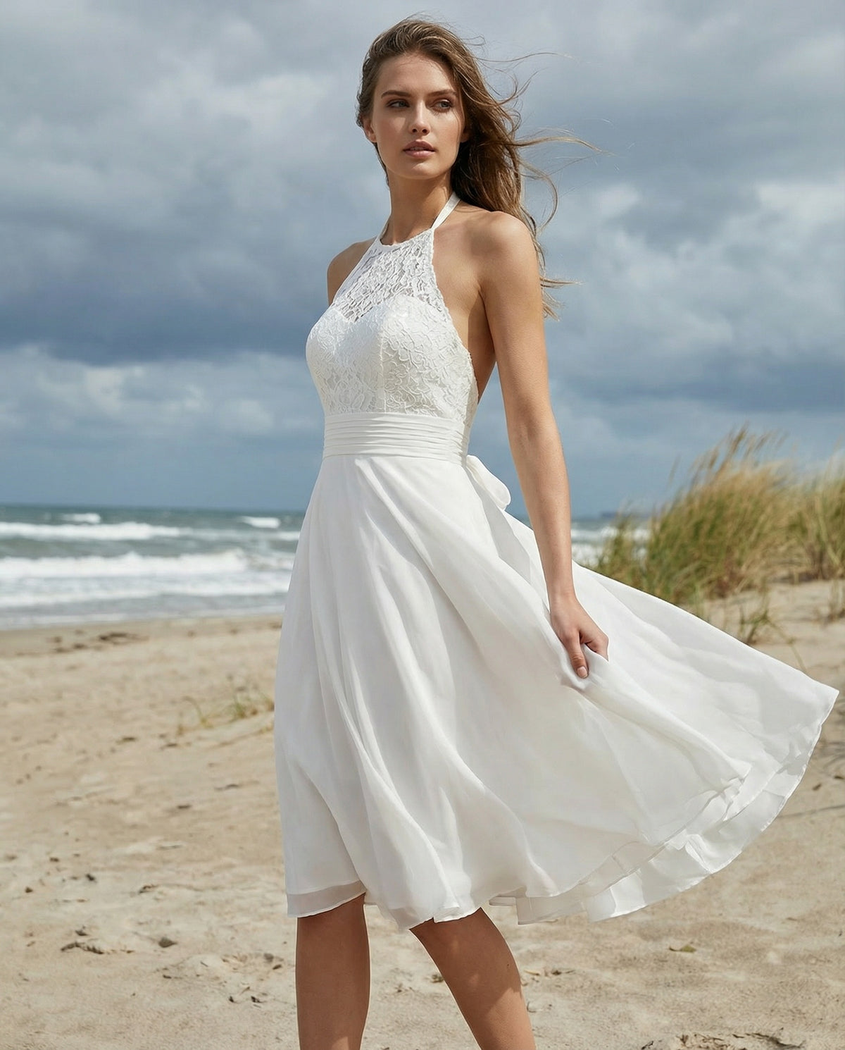 Halter Neck Lace and Chiffon A-line Knee Length Dress – Ms. Grace