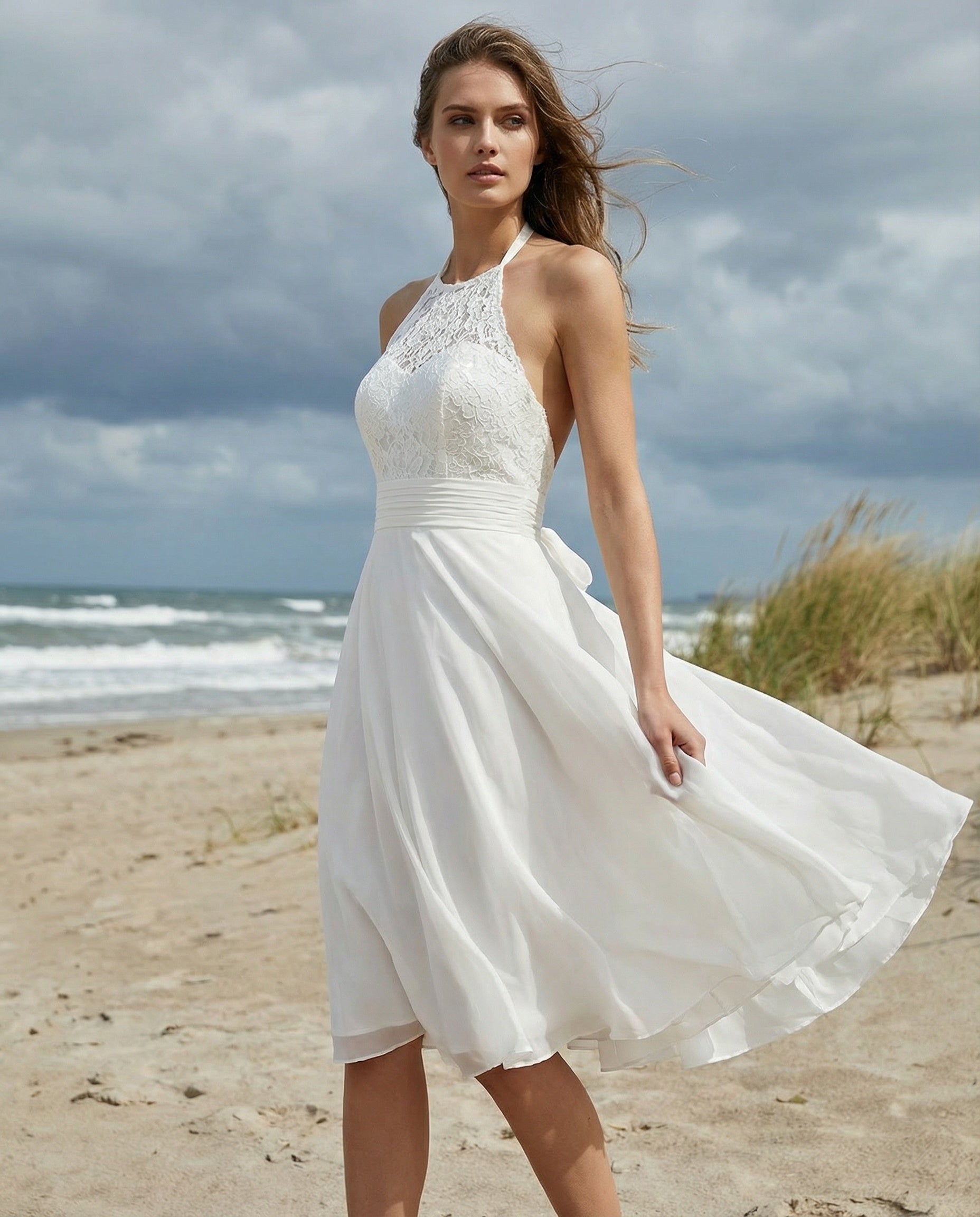 Abito a linea ad A al ginocchio con collo a fascia, pizzo e chiffon