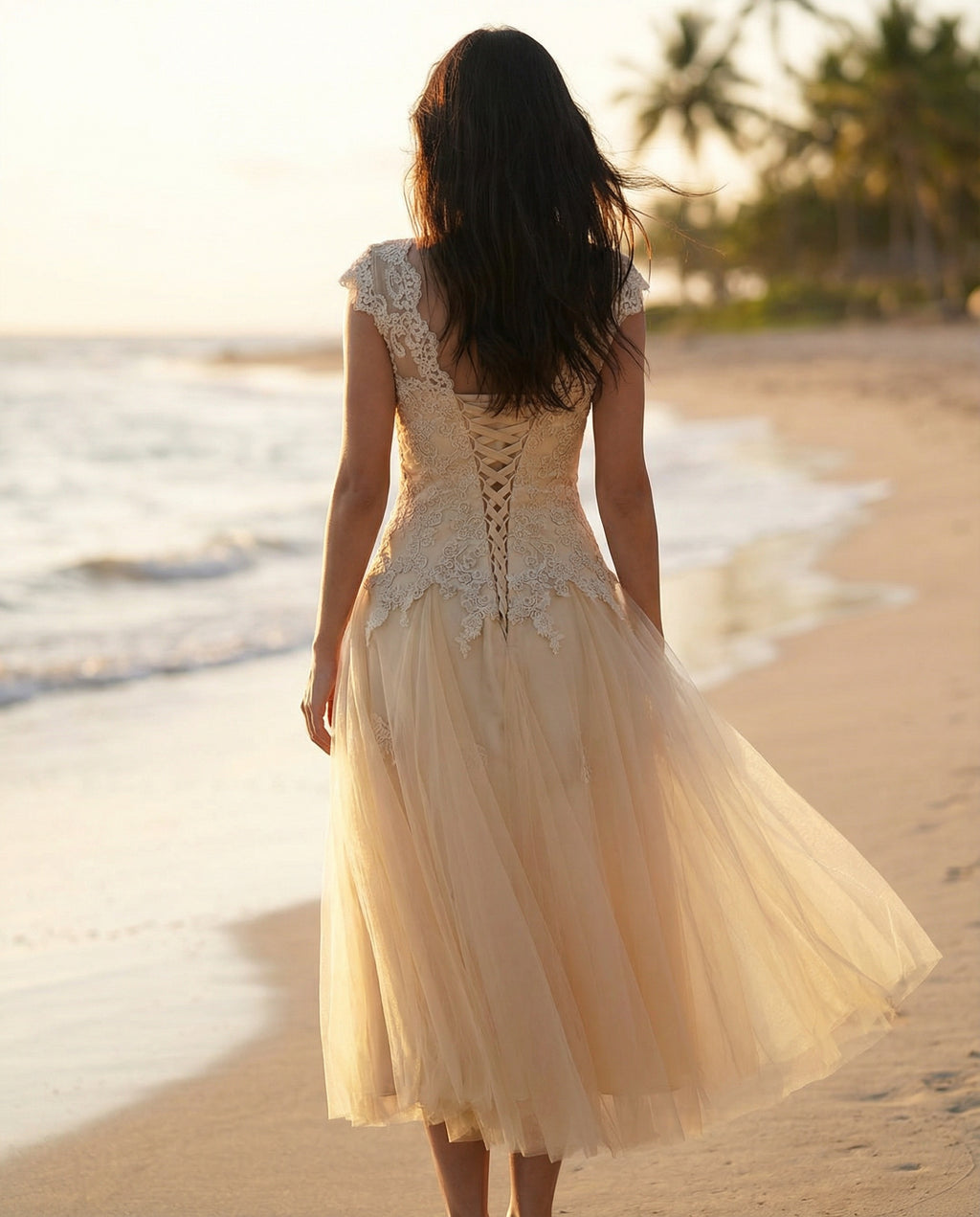 Spitzenbrautkleid mit kurzen Ärmeln, A-Linie, Teelänge