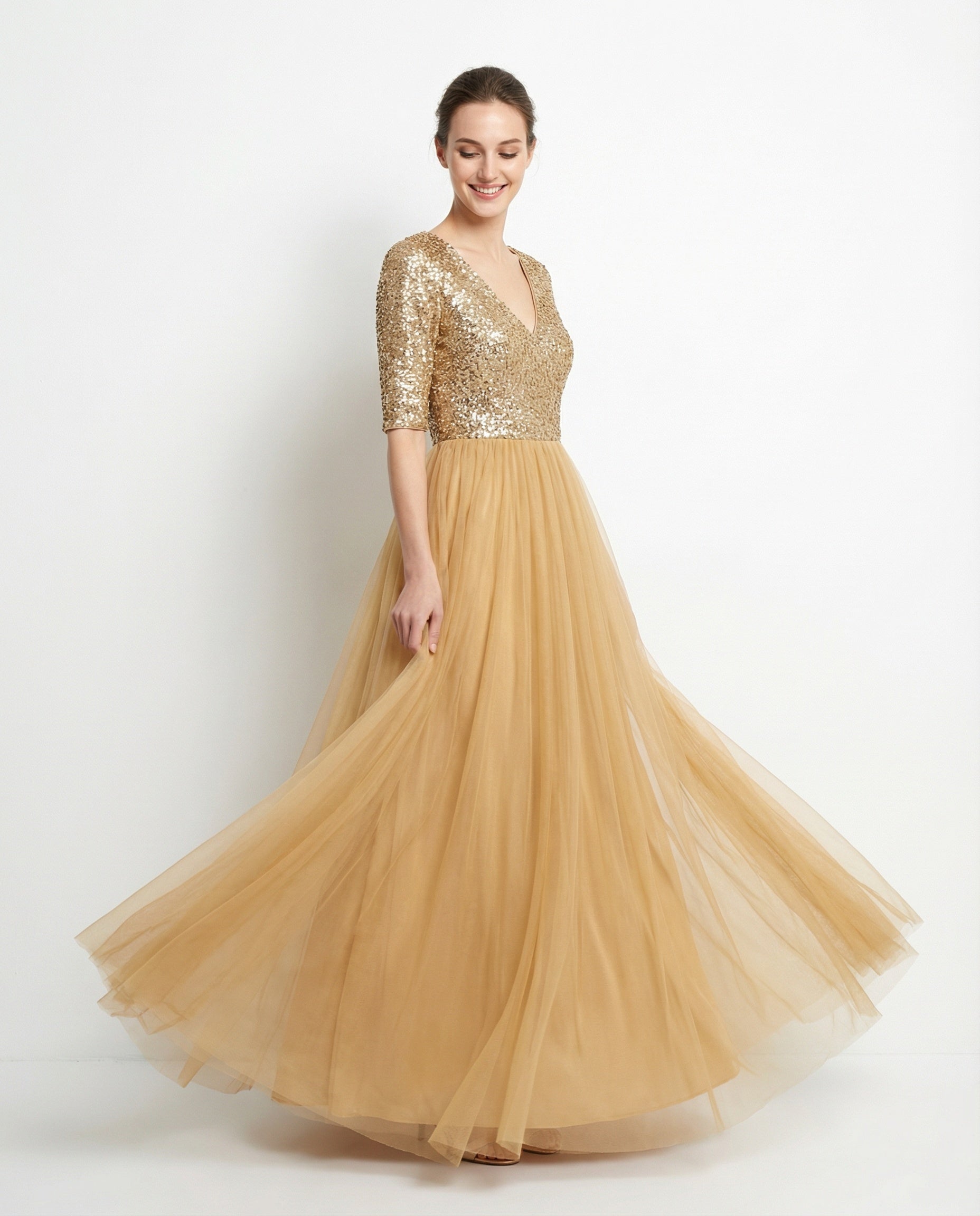 V-neck Half Sleeves Sequin Top A-line Tulle Dress