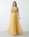V-neck Half Sleeves Sequin Top A-line Tulle Dress