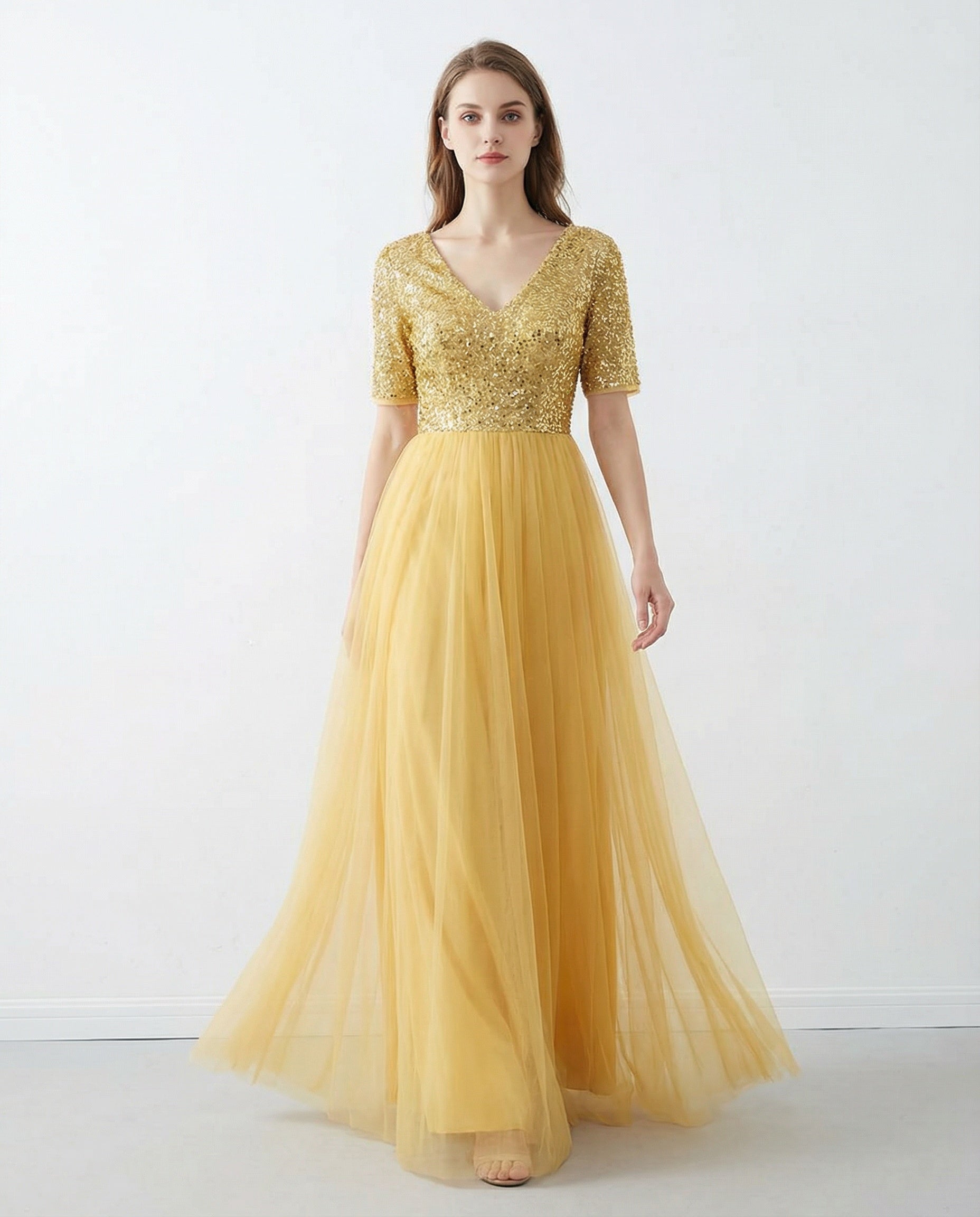 V-neck Half Sleeves Sequin Top A-line Tulle Dress