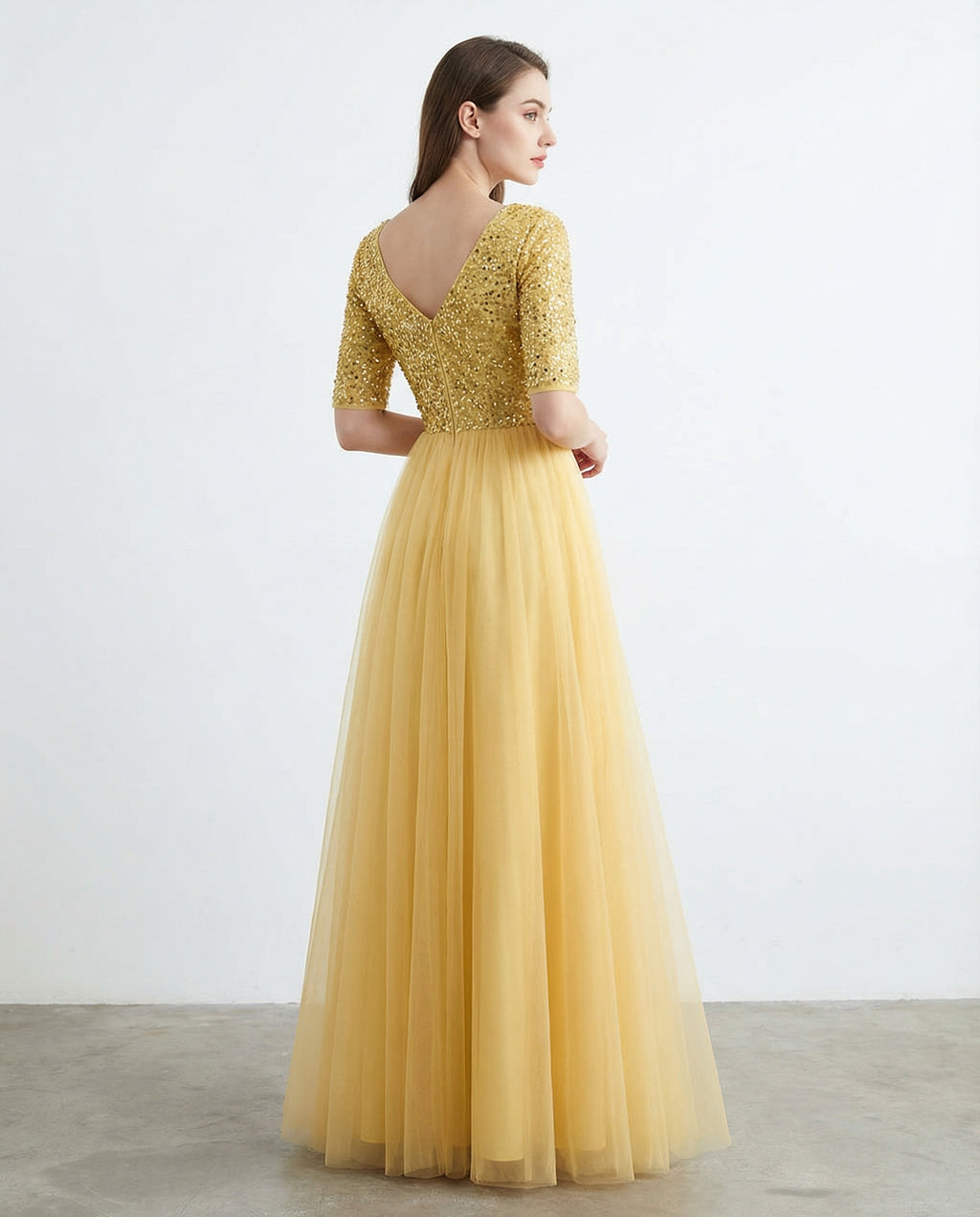 V-neck Half Sleeves Sequin Top A-line Tulle Dress