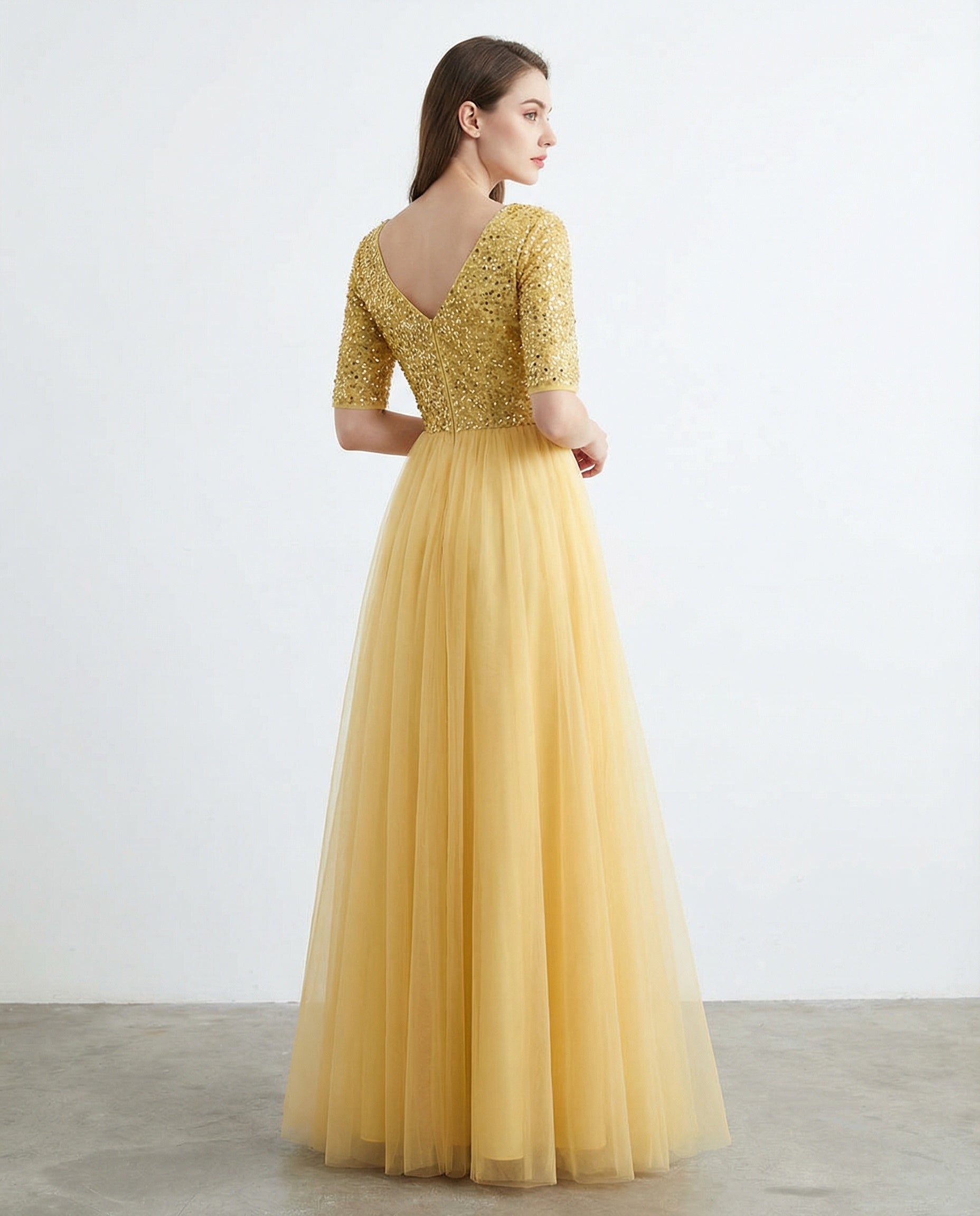 V-neck Half Sleeves Sequin Top A-line Tulle Dress