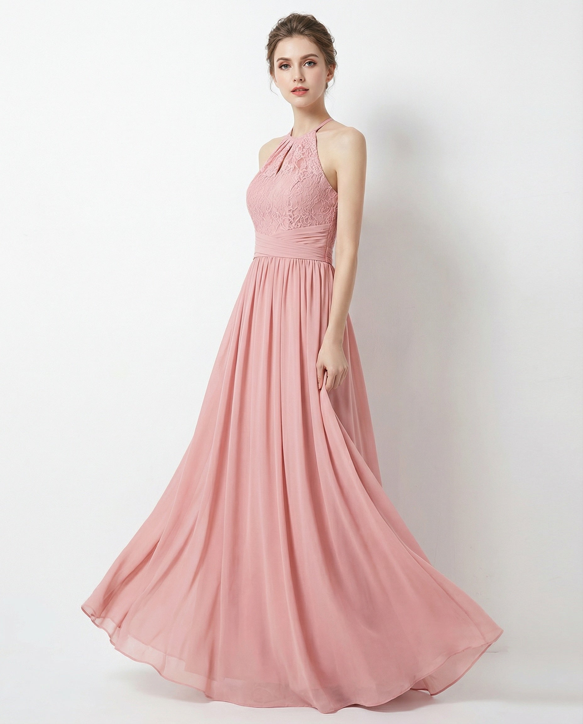 Halter Neck Lace Top A-line Chiffon Dress with Pleated Waist