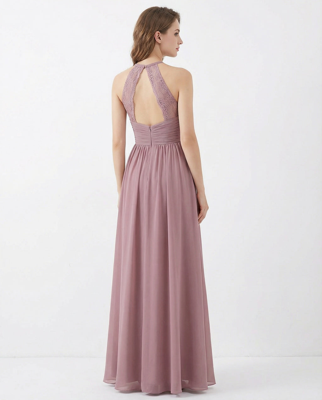 Halter Neck Lace Top A-line Chiffon Dress with Pleated Waist