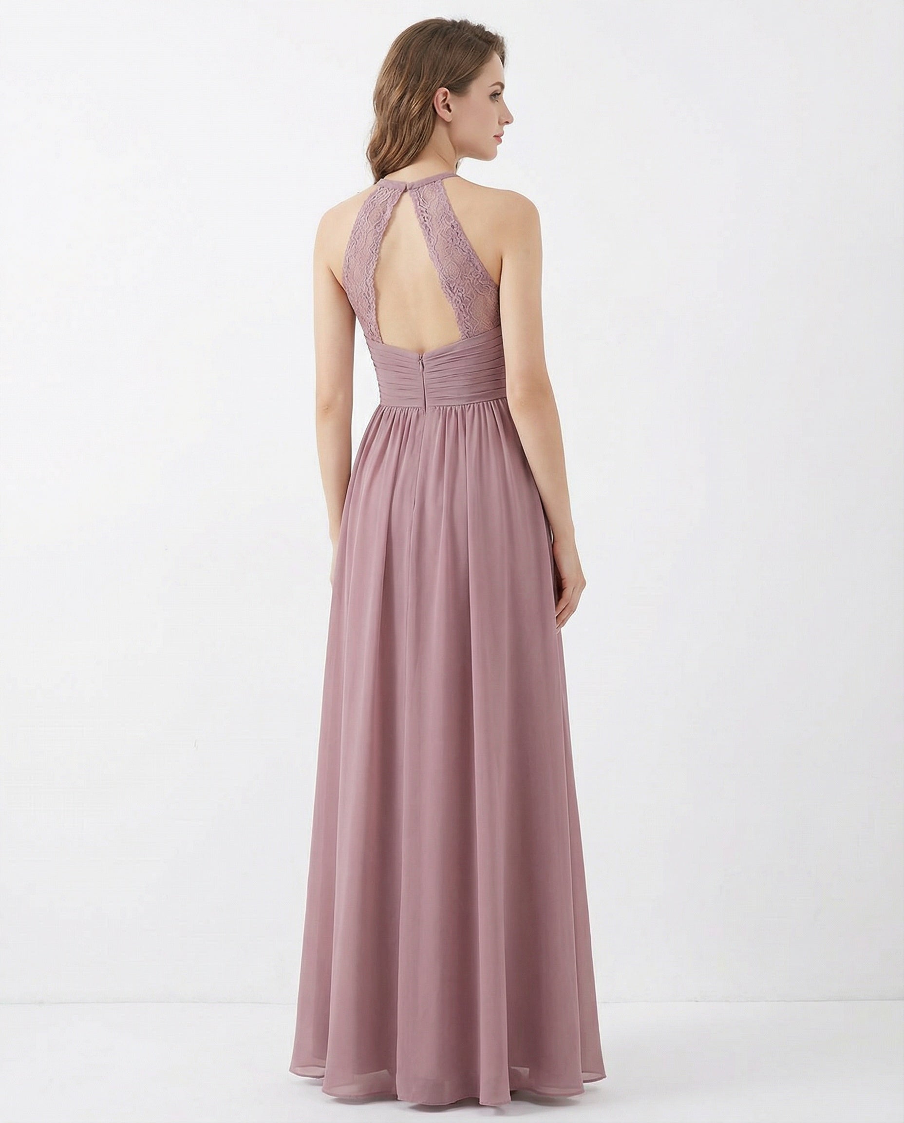 Halter Neck Lace Top A-line Chiffon Dress with Pleated Waist