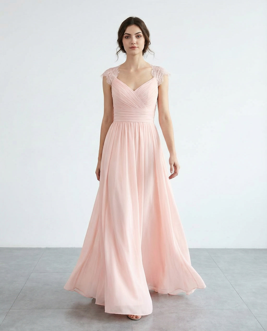 Lace Cap Sleeves Pleated Bodice A-line Chiffon Dress