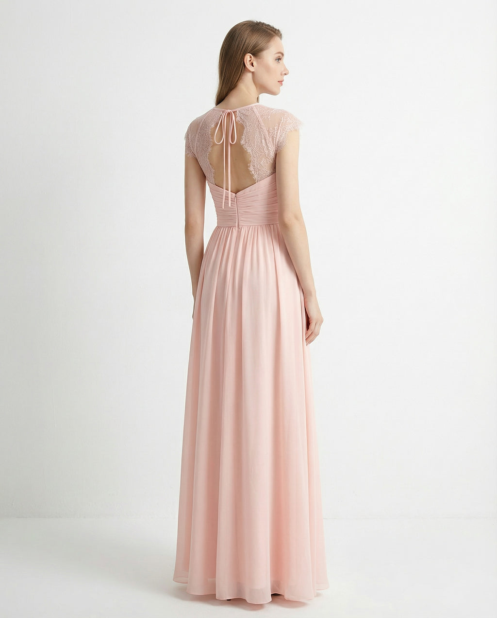 Lace Cap Sleeves Pleated Bodice A-line Chiffon Dress