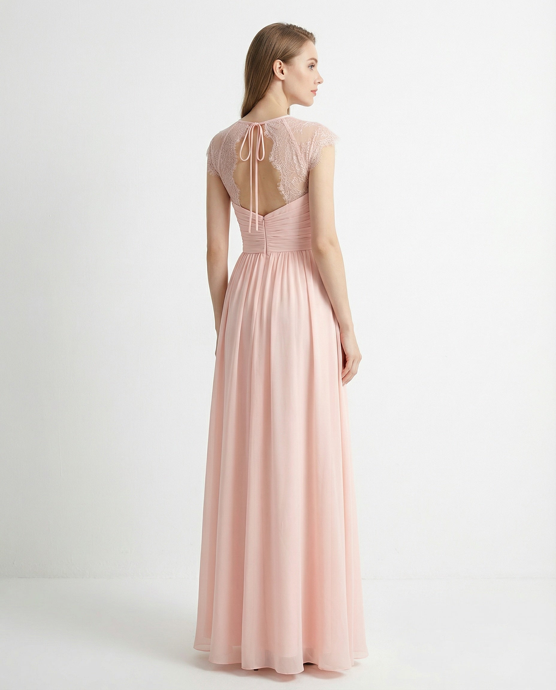 Lace Cap Sleeves Pleated Bodice A-line Chiffon Dress