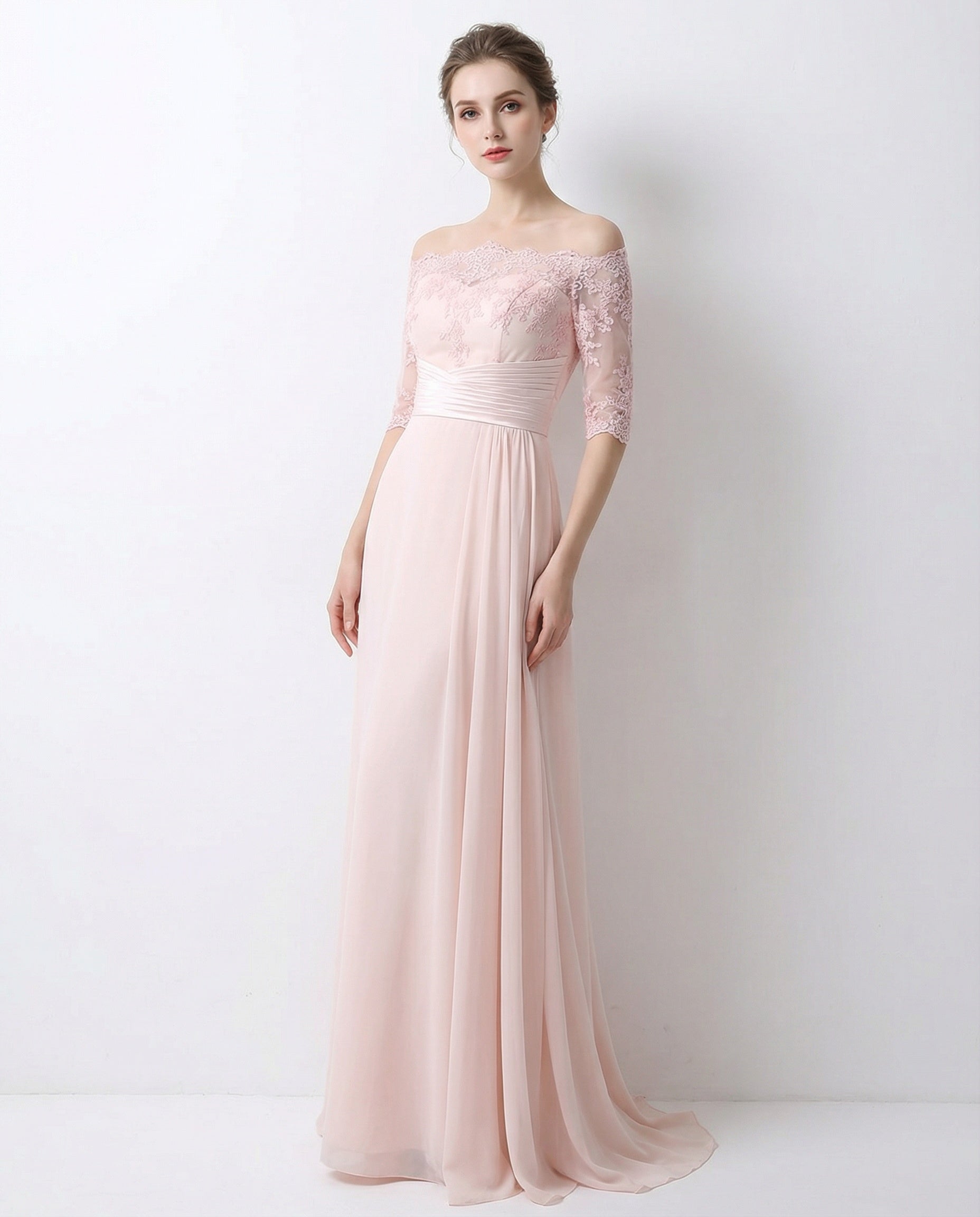 Off-the-shoulder Lace Bodice Pleated Waist A-line Chiffon Dress with Side Drape