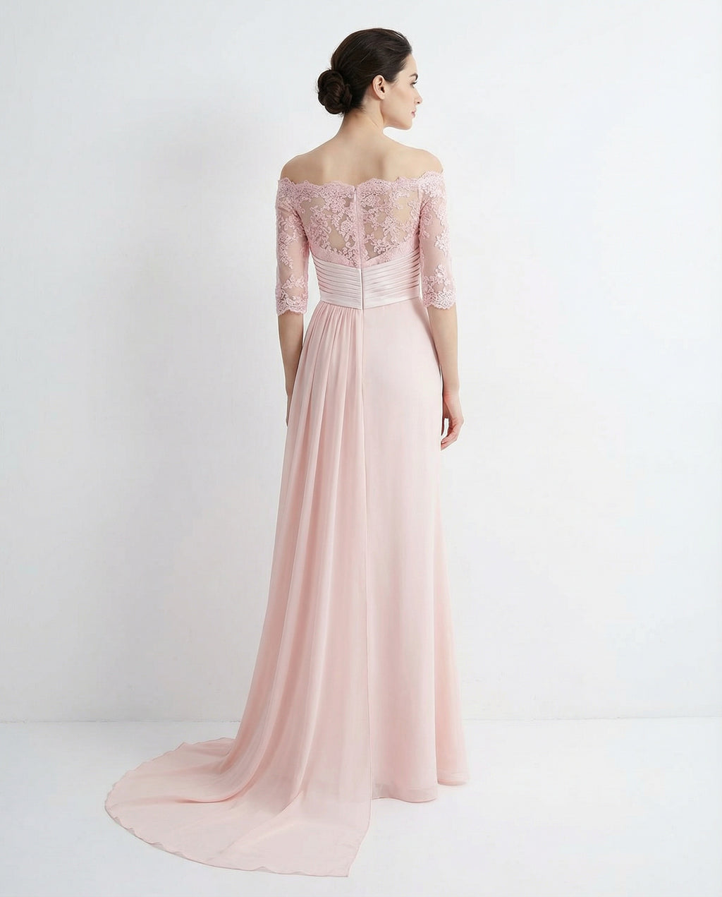 Off-the-shoulder Lace Bodice Pleated Waist A-line Chiffon Dress with Side Drape