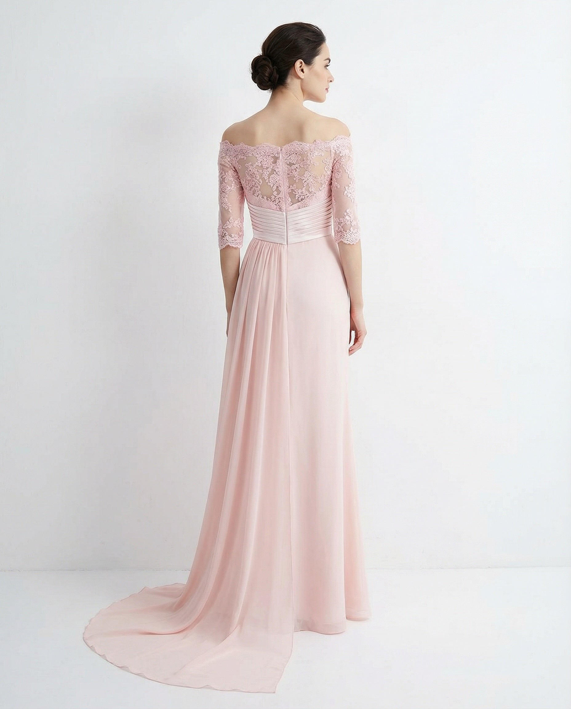 Off-the-shoulder Lace Bodice Pleated Waist A-line Chiffon Dress with Side Drape