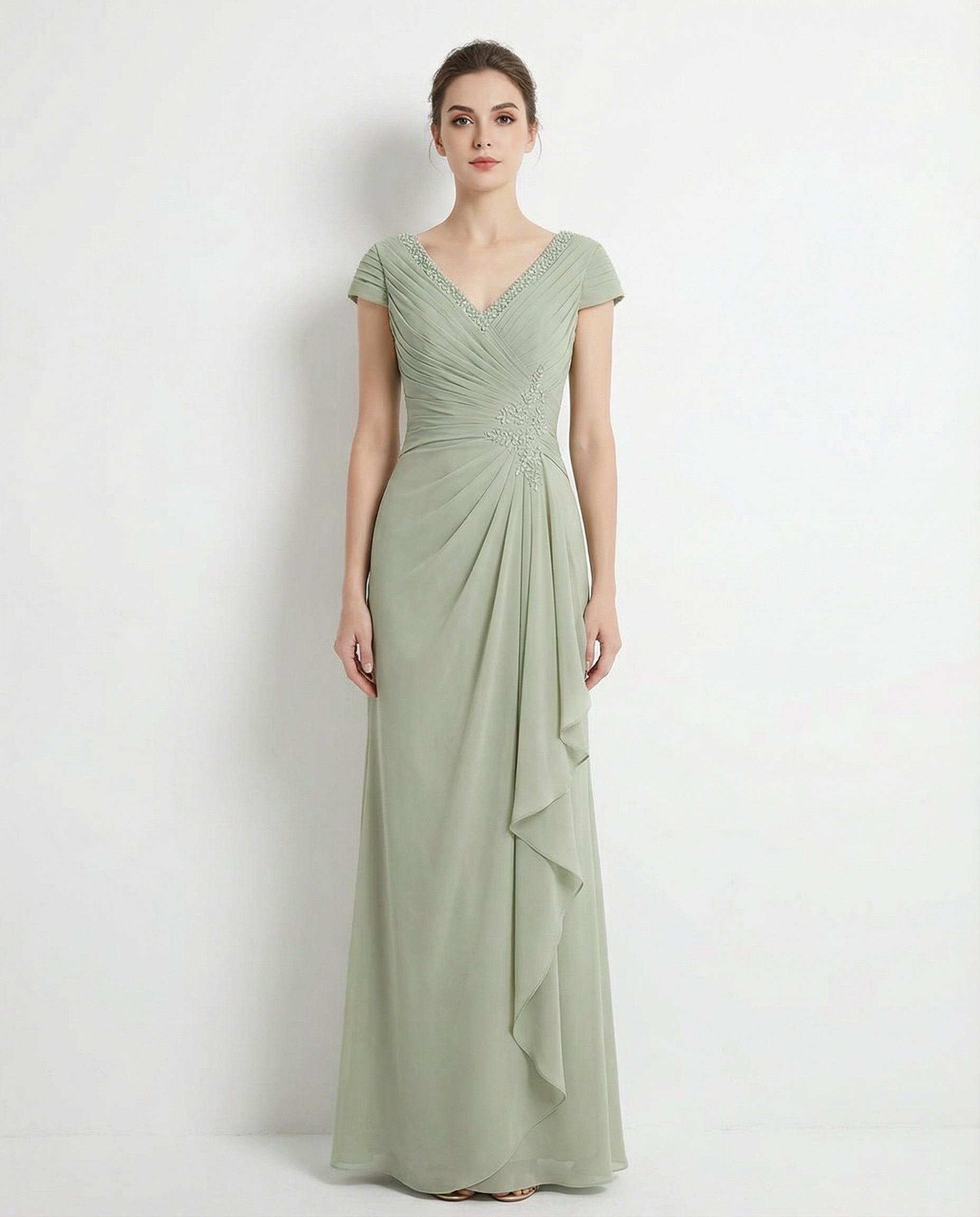 V-neck Short Sleeves Pleated Bodice Column Chiffon Dress