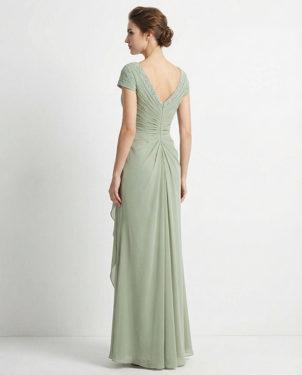 V-neck Short Sleeves Pleated Bodice Column Chiffon Dress