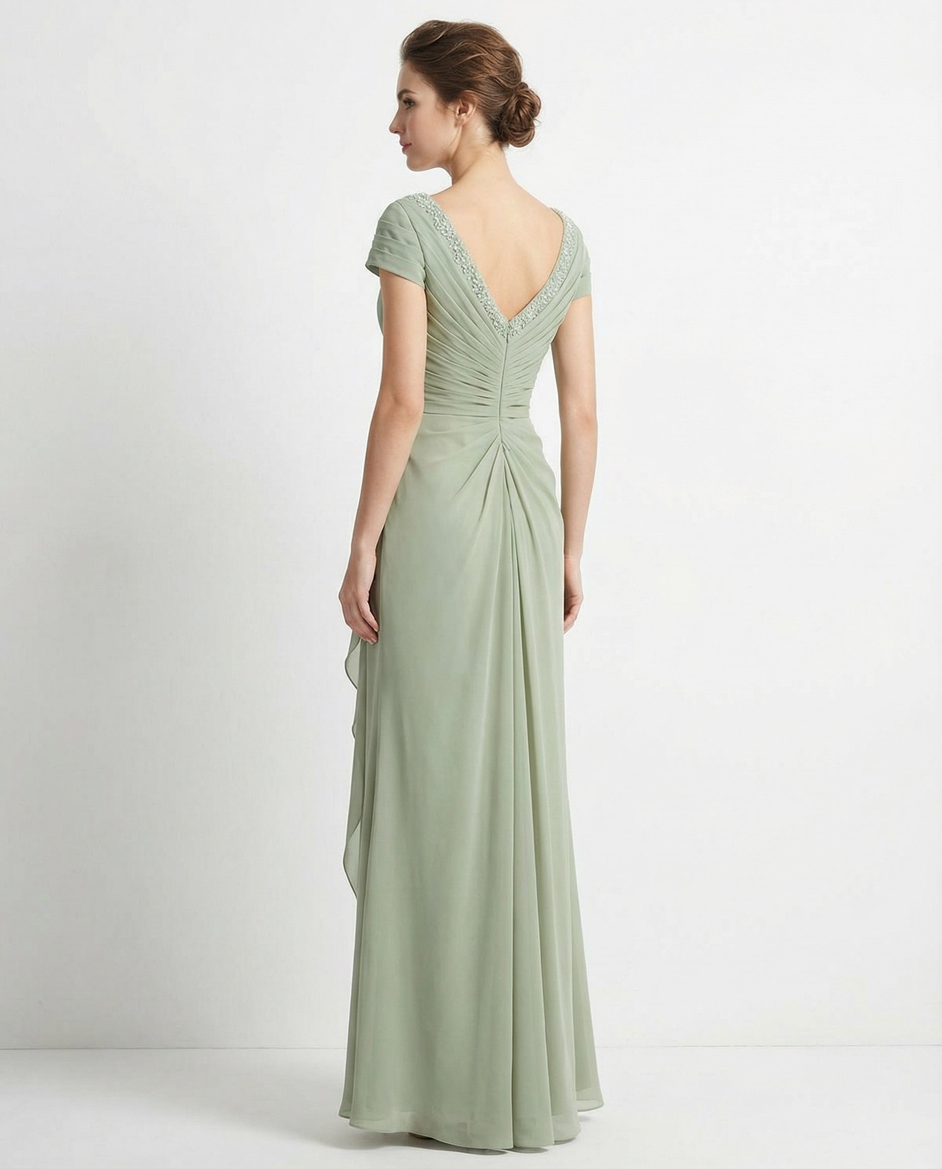 V-neck Short Sleeves Pleated Bodice Column Chiffon Dress