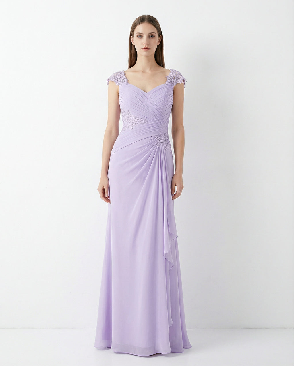 Lace Cap Sleeves Pleated Bodice Column Chiffon Dress