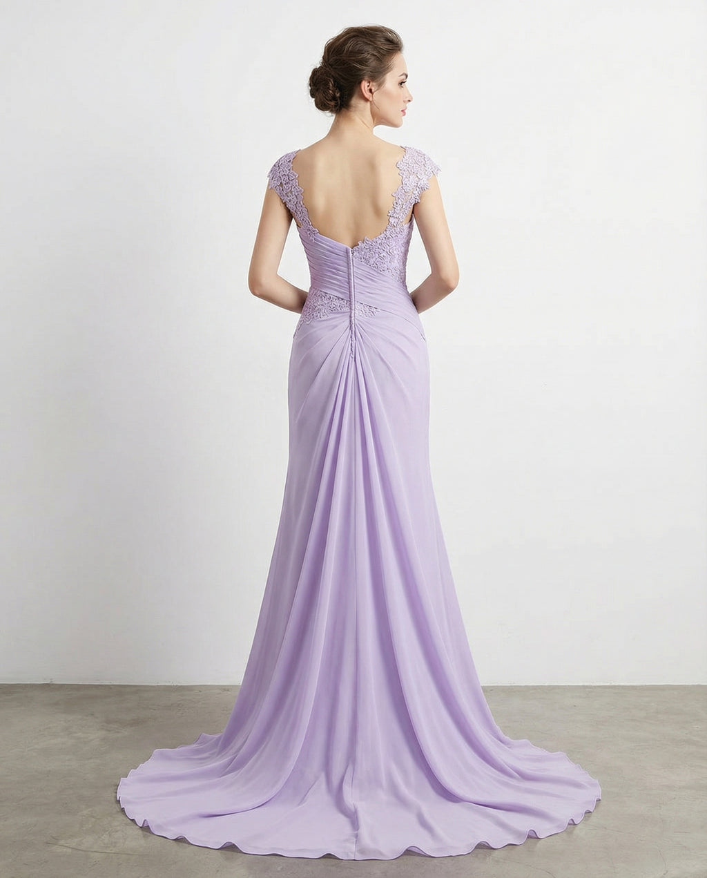 Lace Cap Sleeves Pleated Bodice Column Chiffon Dress