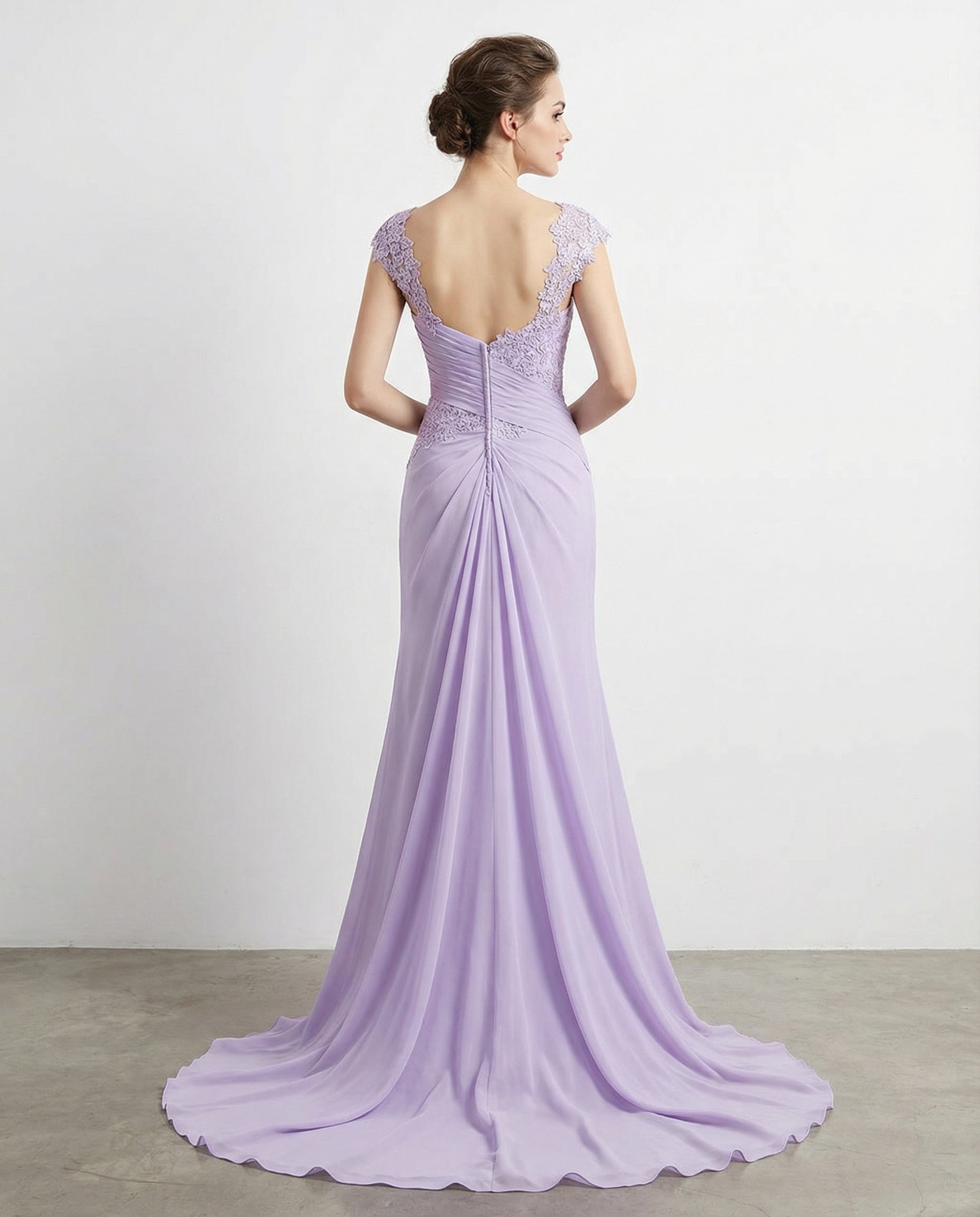 Lace Cap Sleeves Pleated Bodice Column Chiffon Dress