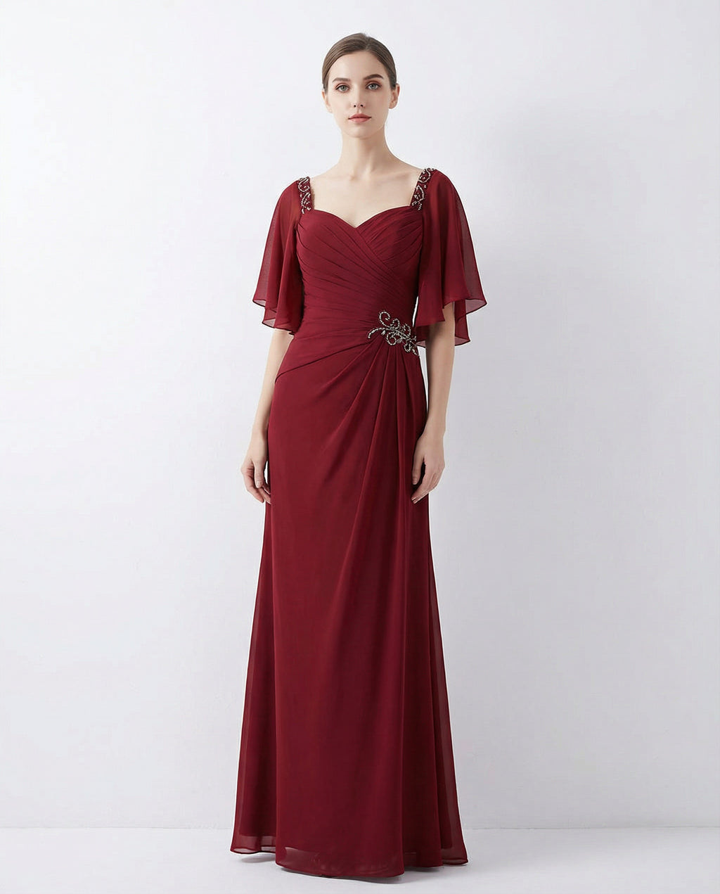 Half Sleeves Queen Anne Pleated Bodice Column Chiffon Dress with Beadings