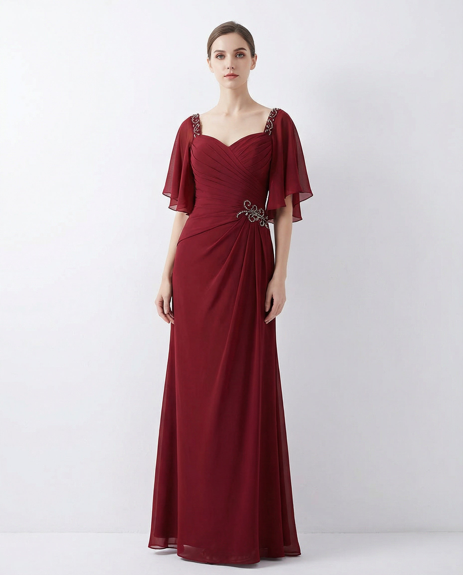 Half Sleeves Queen Anne Pleated Bodice Column Chiffon Dress with Beadings