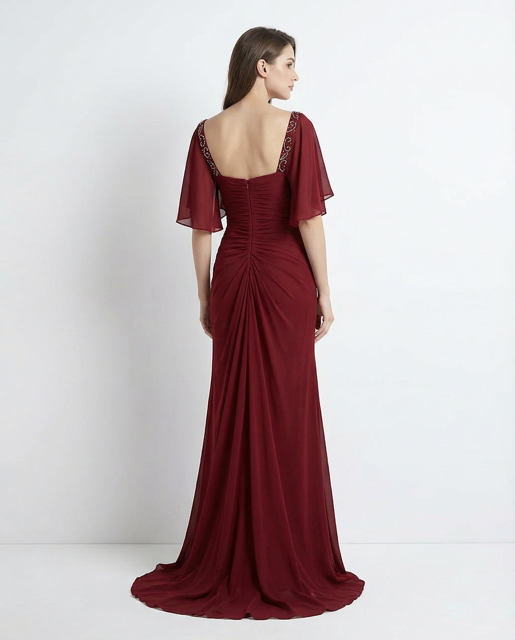Half Sleeves Queen Anne Pleated Bodice Column Chiffon Dress with Beadings