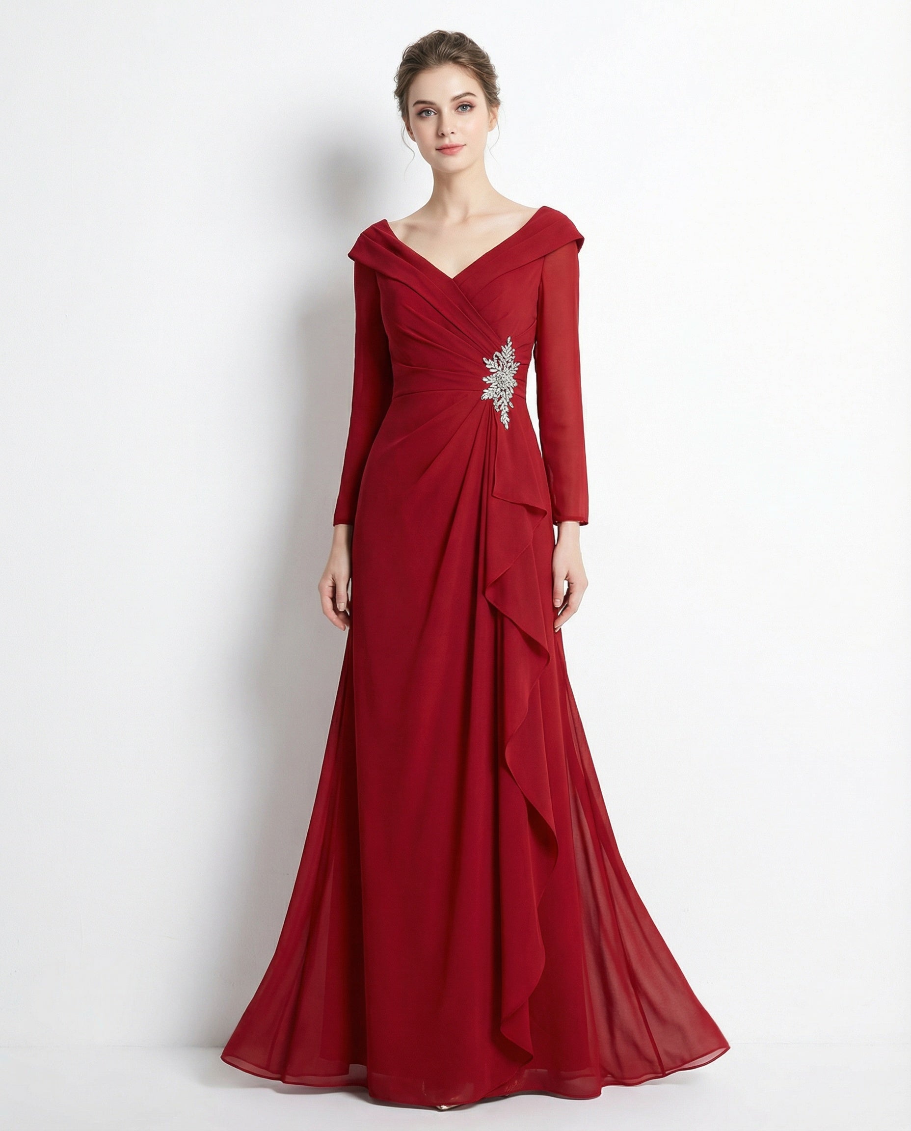 Portrait Long Sleeves Column Chiffon Dress with Ruching