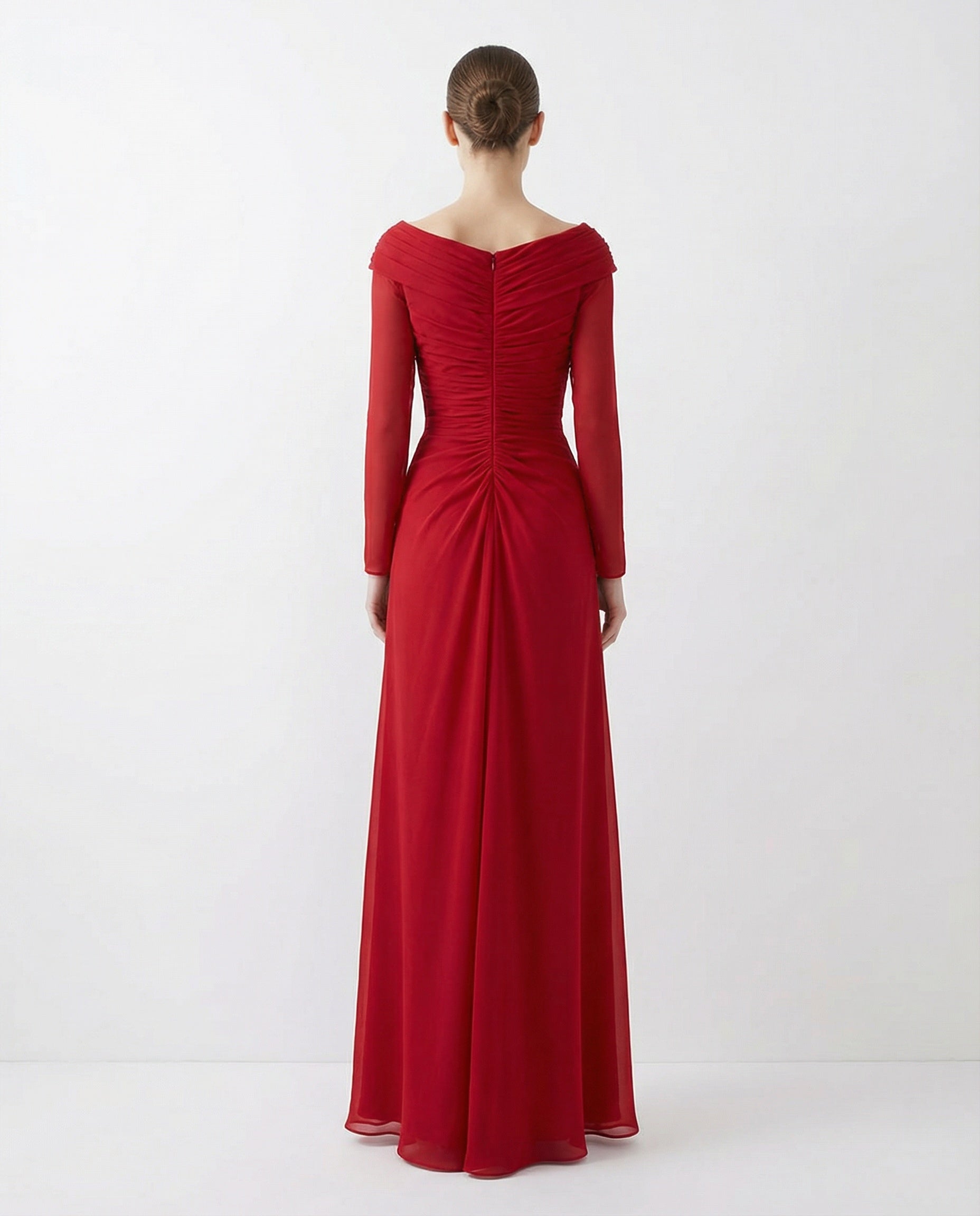 Portrait Long Sleeves Column Chiffon Dress with Ruching