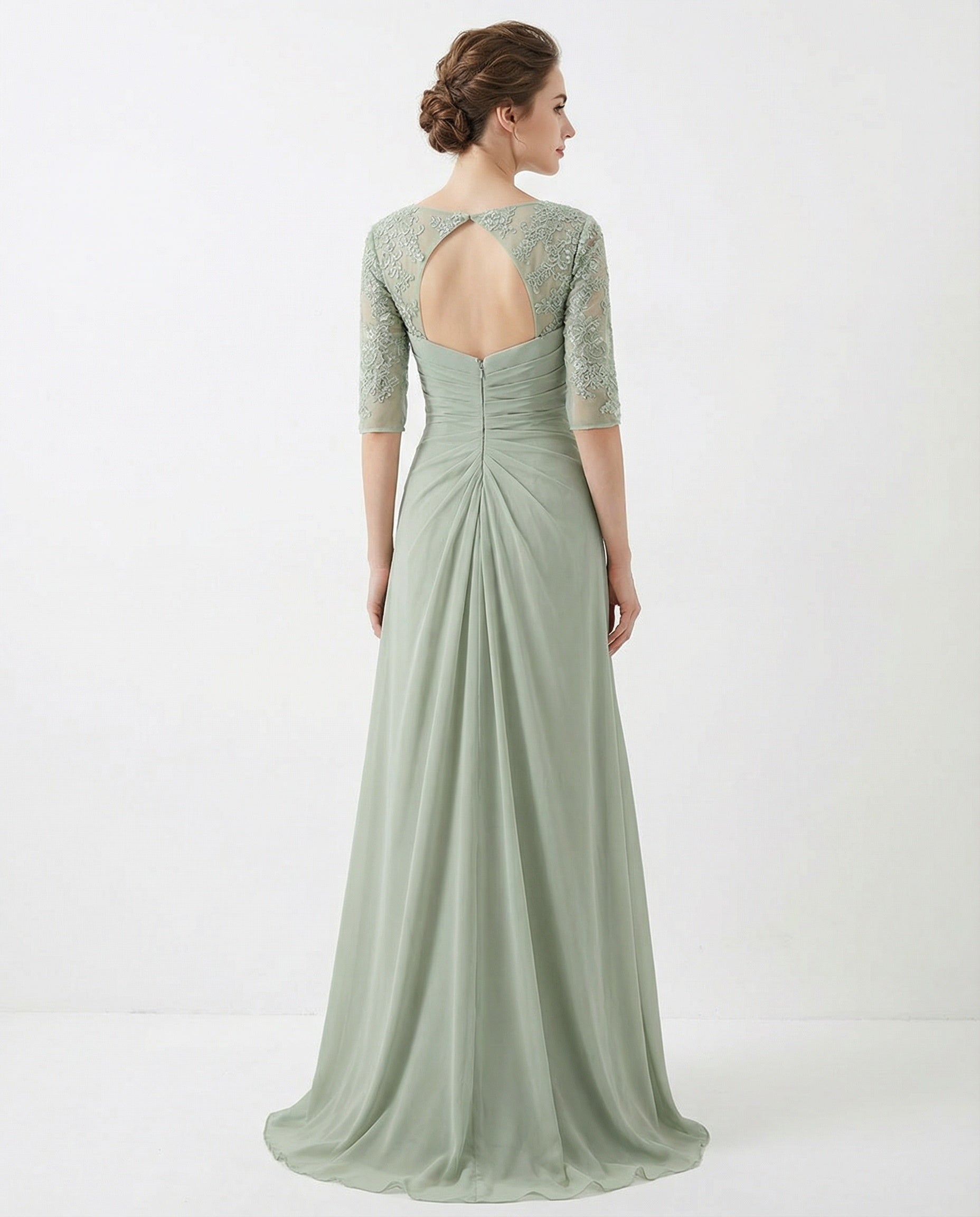 Half Sleeve Bateau Lace and Chiffon Column Dress