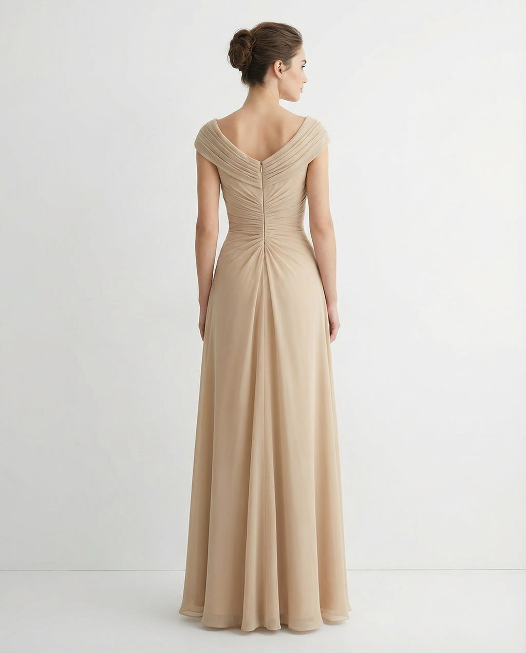 Cowel Neck Cap Sleeves Pleated Bodice A-line Chiffon Dress with Appliques