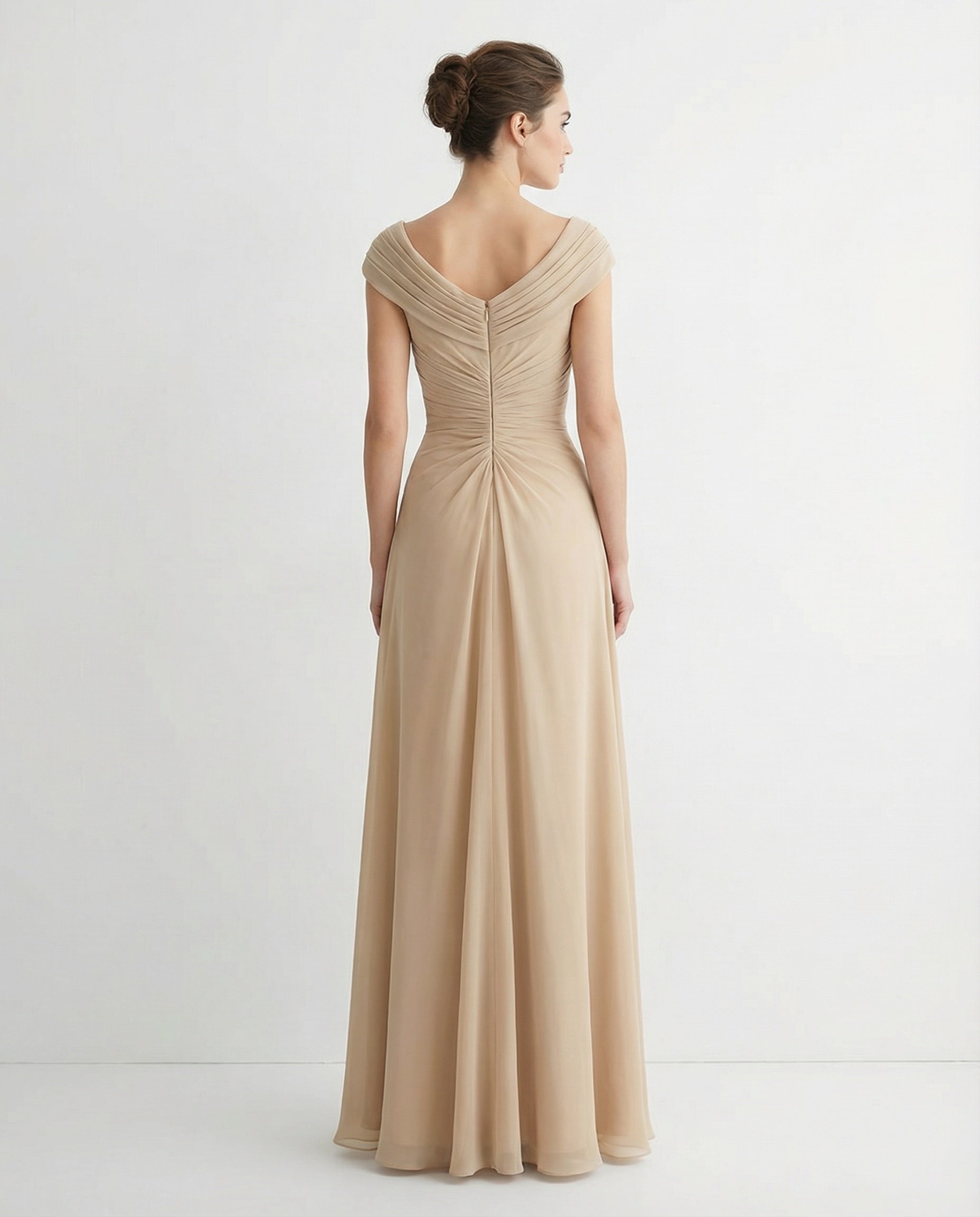 Cowel Neck Cap Sleeves Pleated Bodice A-line Chiffon Dress with Appliques