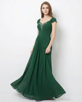 Cap Sleeves Pleated Bodice A-line Chiffon Dress with Beadings