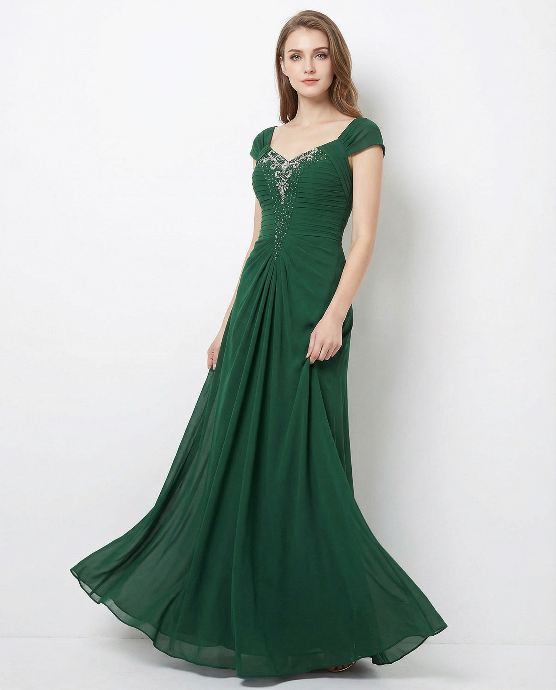 Cap Sleeves Pleated Bodice A-line Chiffon Dress with Beadings