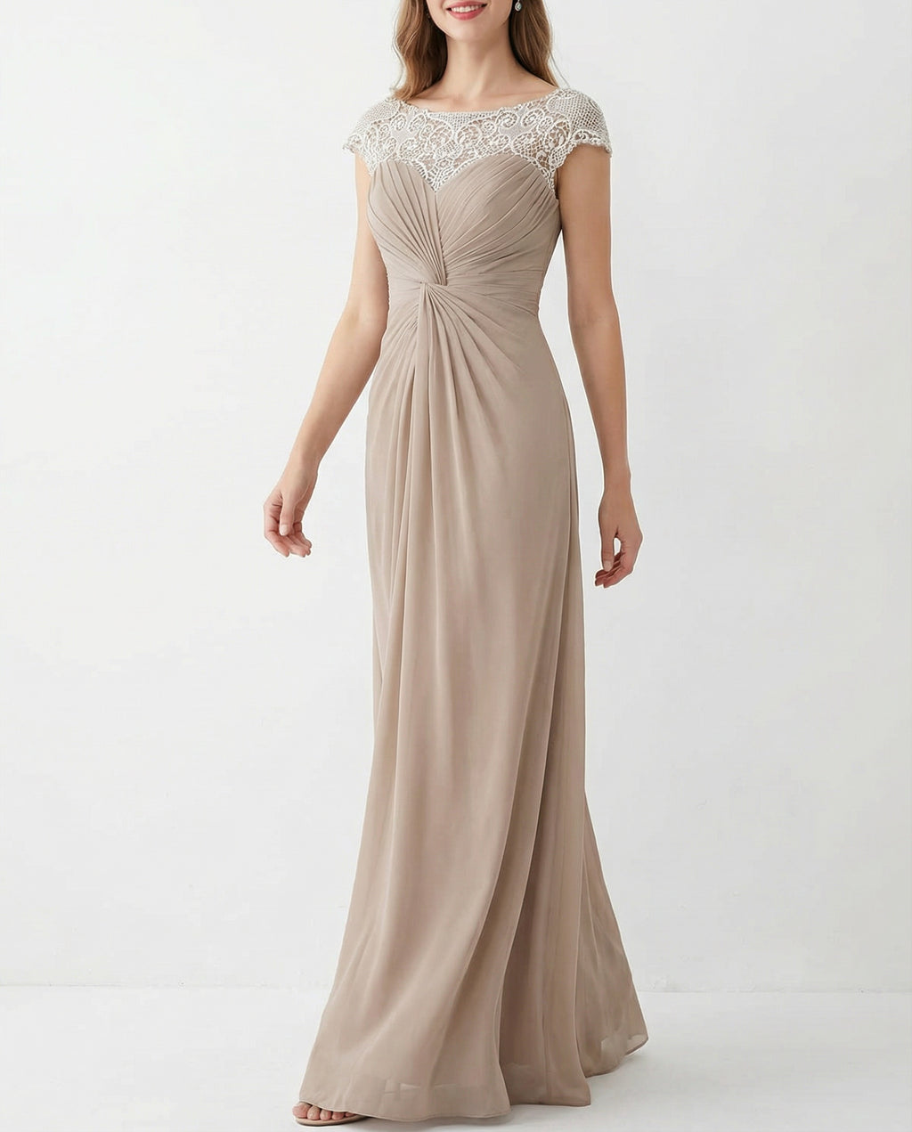 Cap Sleeves Bateau Knot Bodice A-line Chiffon Dress