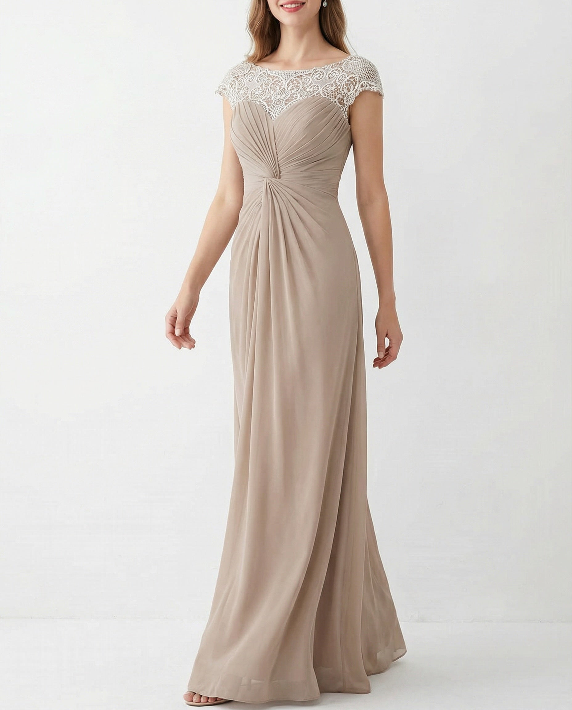 Cap Sleeves Bateau Knot Bodice A-line Chiffon Dress