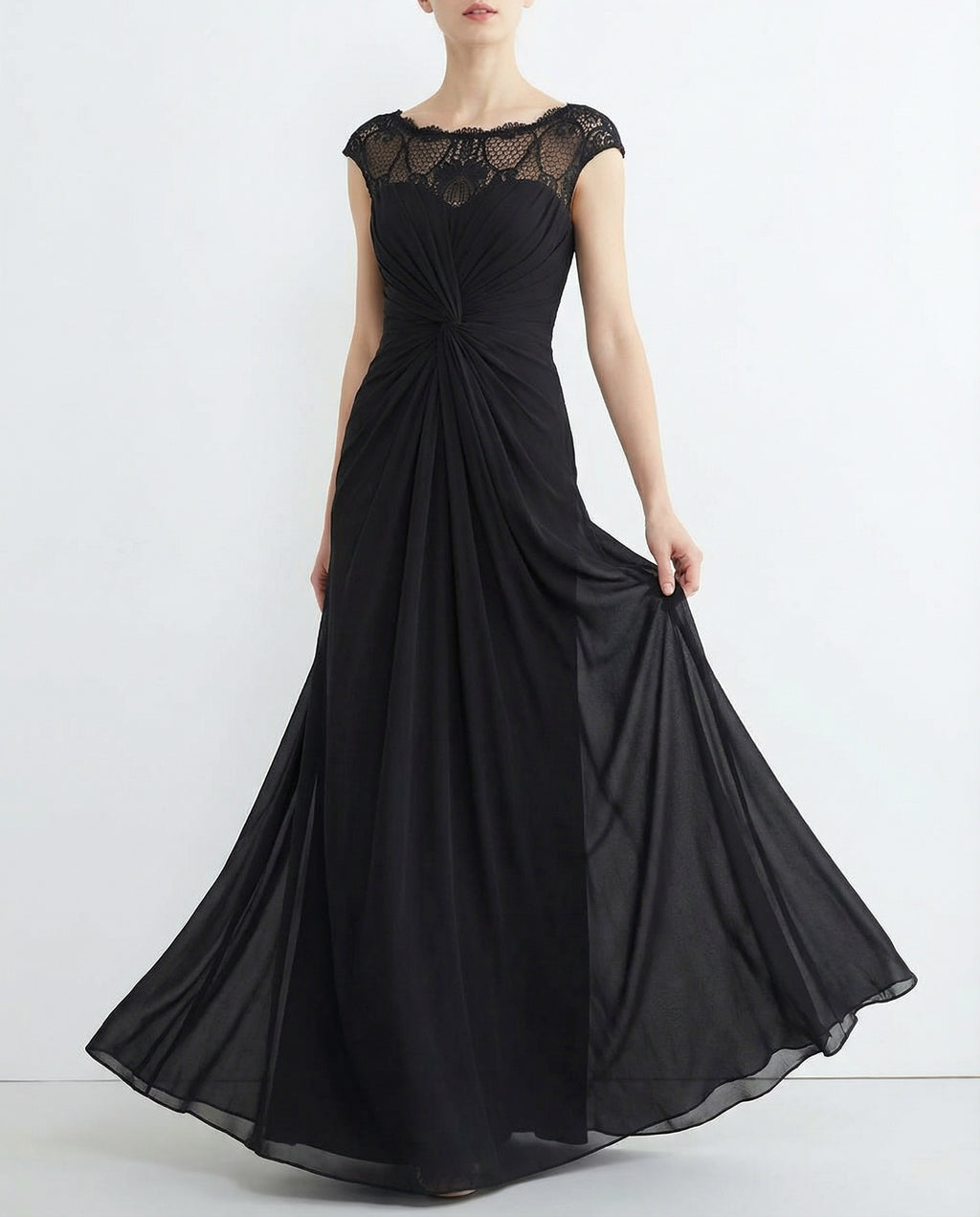 Cap Sleeves Bateau Knot Bodice A-line Chiffon Dress