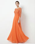 3/4 Sleeves Lace Bodice Chiffon Skirt A-line Dress with Pleated Waist
