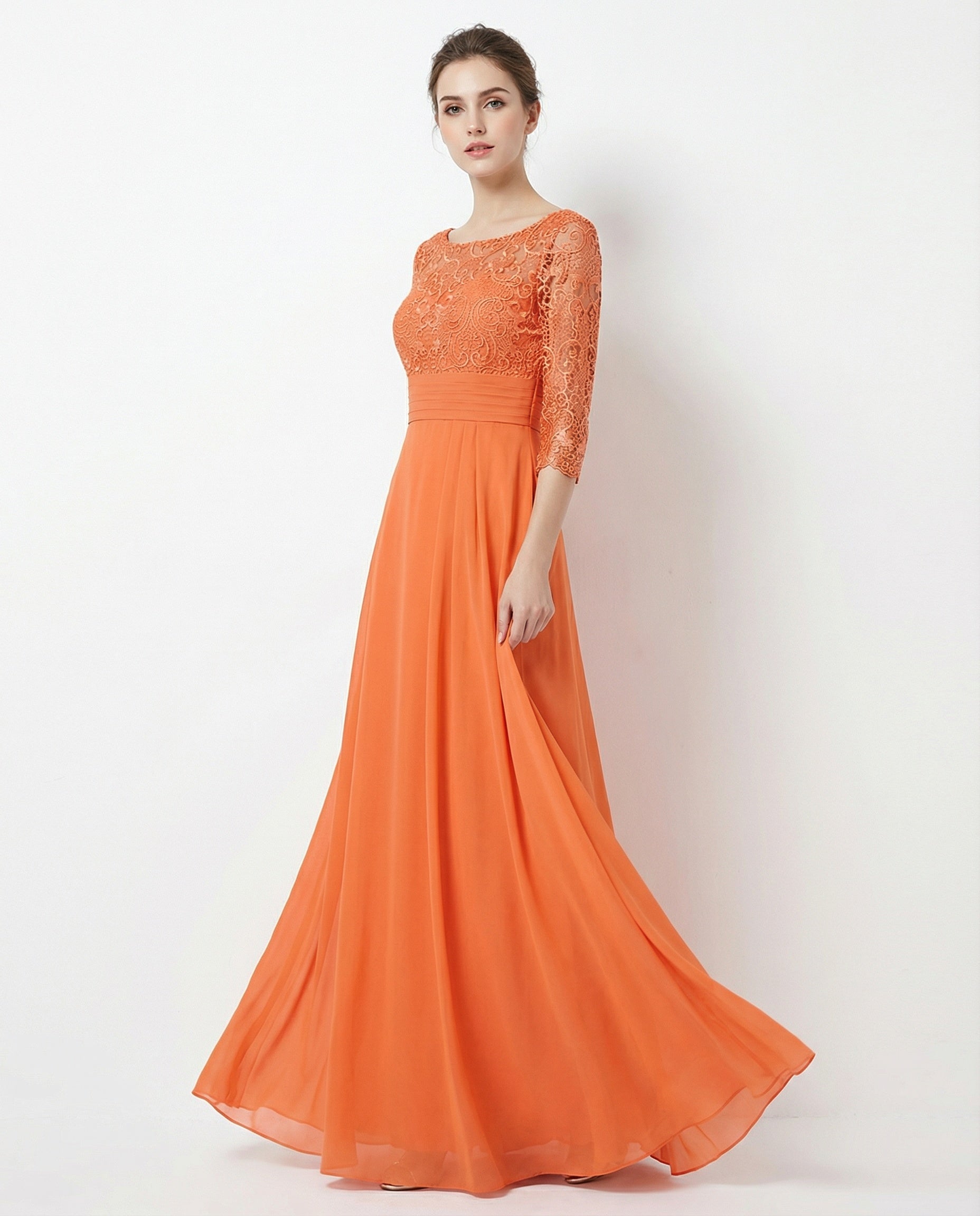 3/4 Sleeves Lace Bodice Chiffon Skirt A-line Dress with Pleated Waist