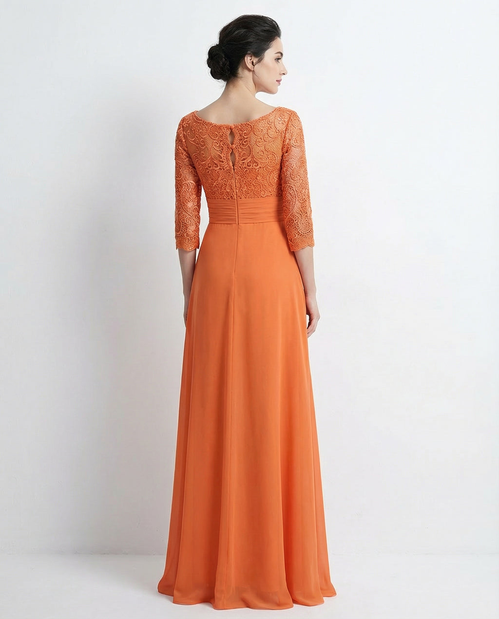 3/4 Sleeves Lace Bodice Chiffon Skirt A-line Dress with Pleated Waist