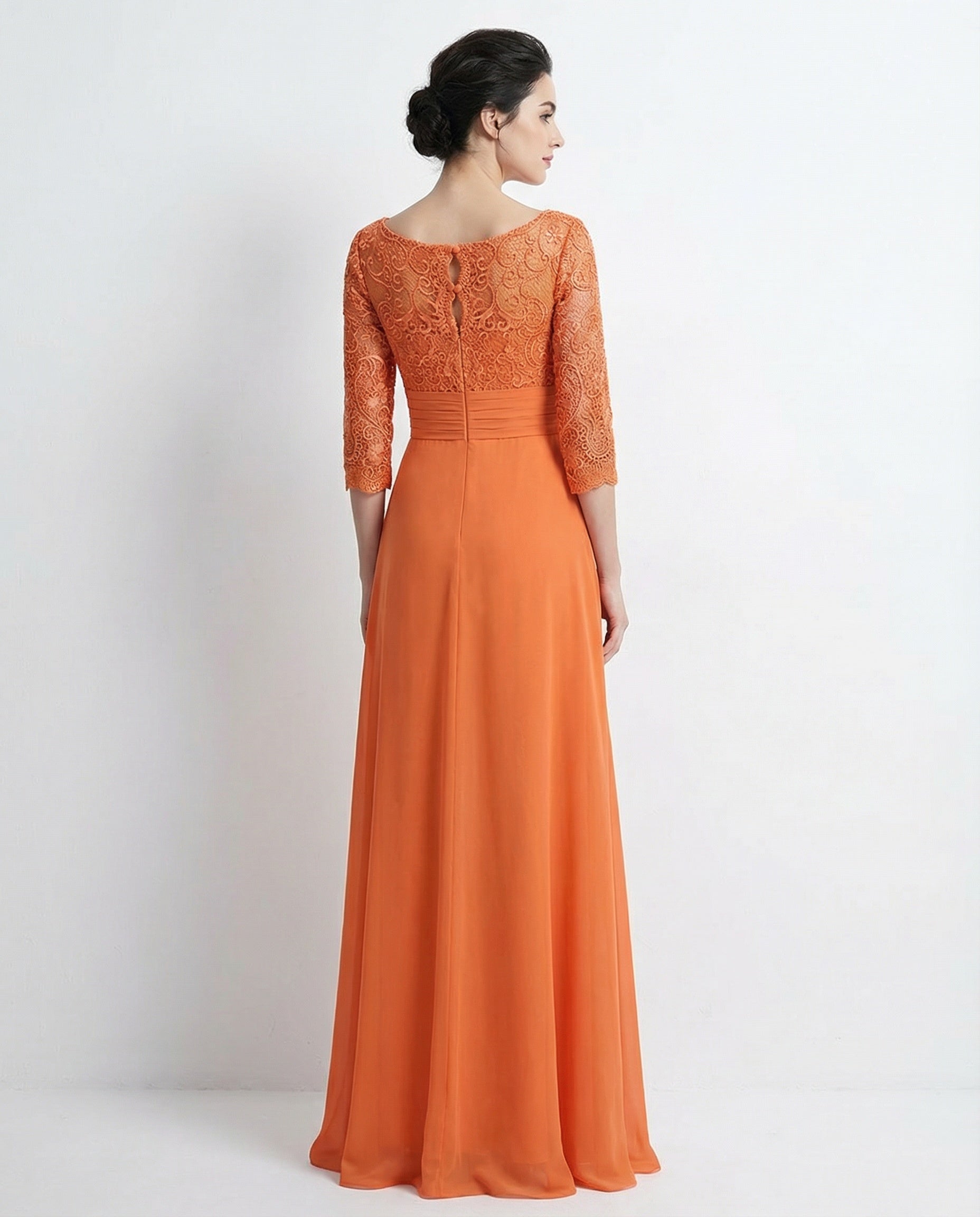 3/4 Sleeves Lace Bodice Chiffon Skirt A-line Dress with Pleated Waist