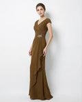 V-neck Cap Sleeves Pleated Bodice A-line Chiffon Dress