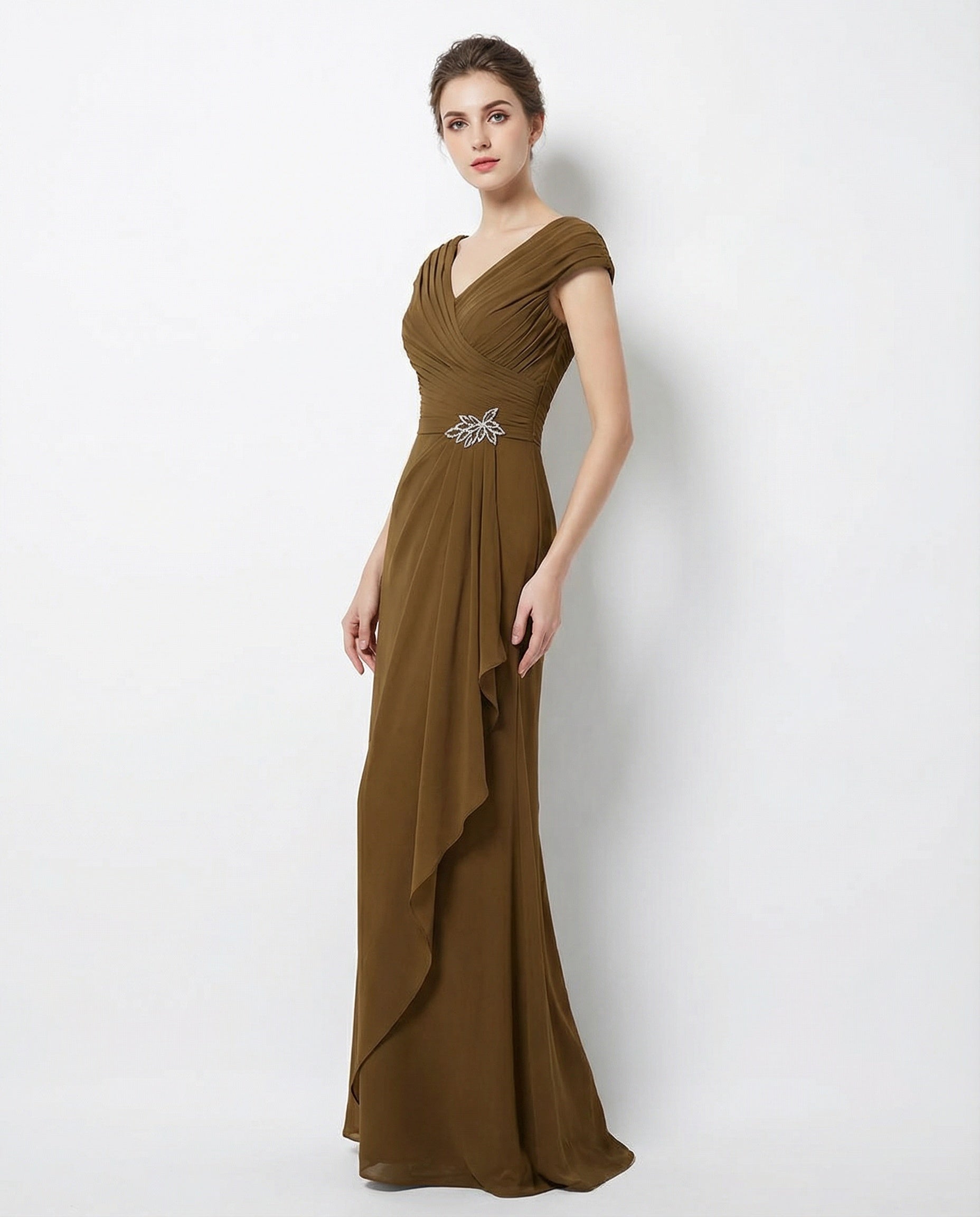 V-neck Cap Sleeves Pleated Bodice A-line Chiffon Dress
